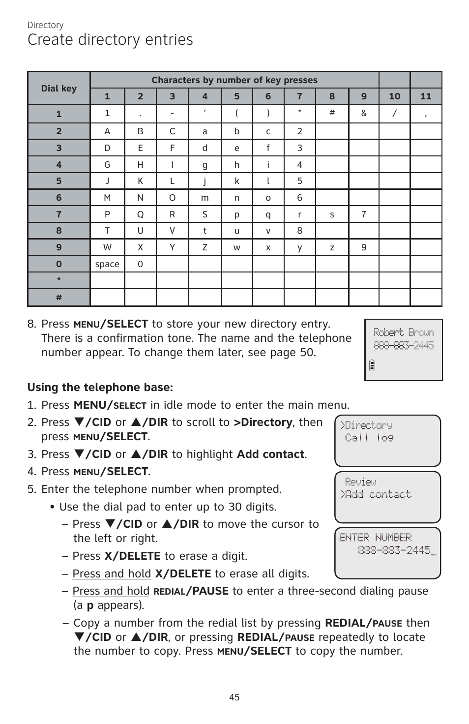 Create directory entries, Press, Then q /cid or p /dir , or pressing redial | Repeatedly to locate the number to copy. press, Select to copy the number | AT&T CL84200 User Manual | Page 51 / 101