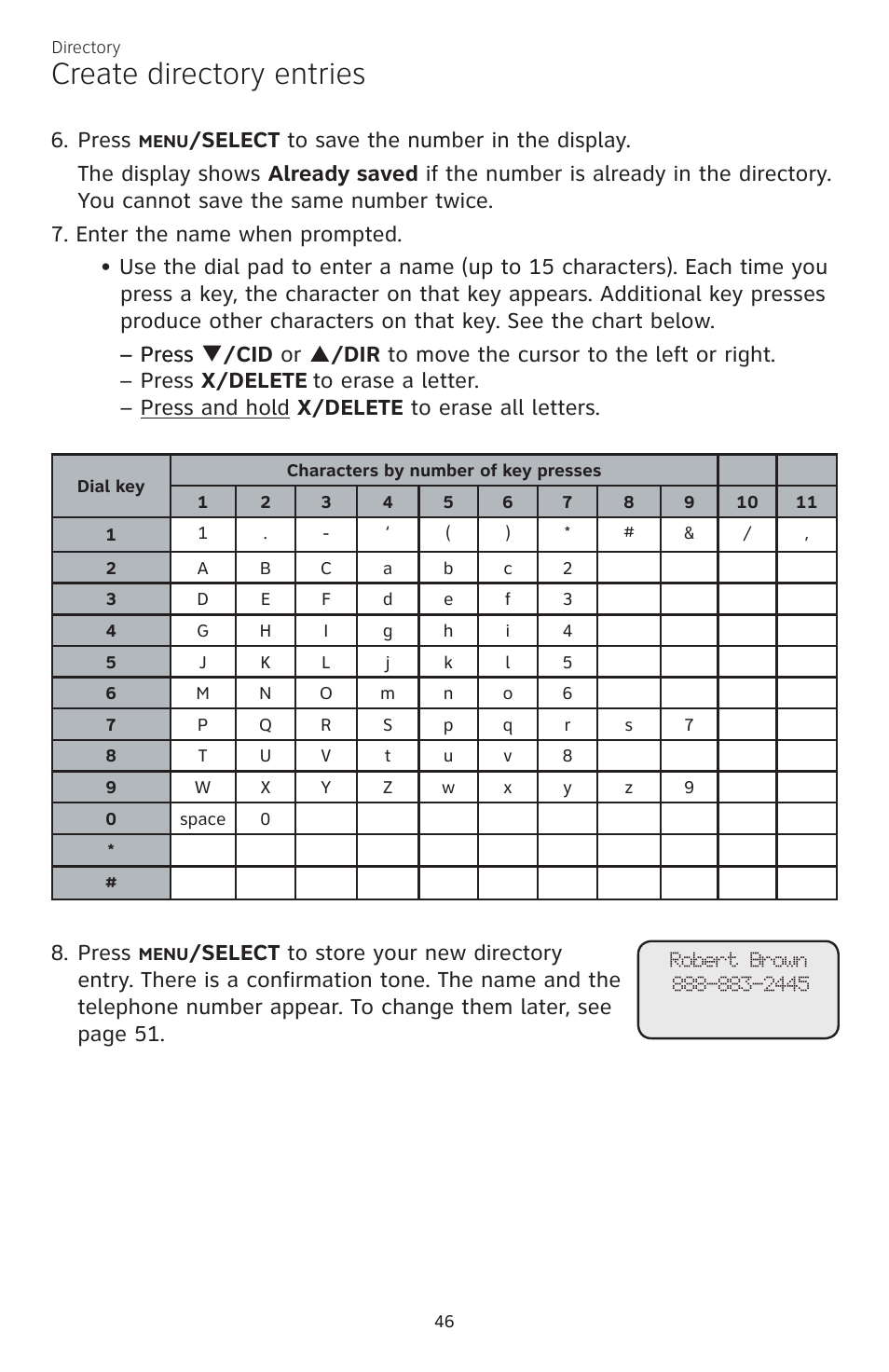 Create directory entries, Press | AT&T CL84200 User Manual | Page 52 / 101