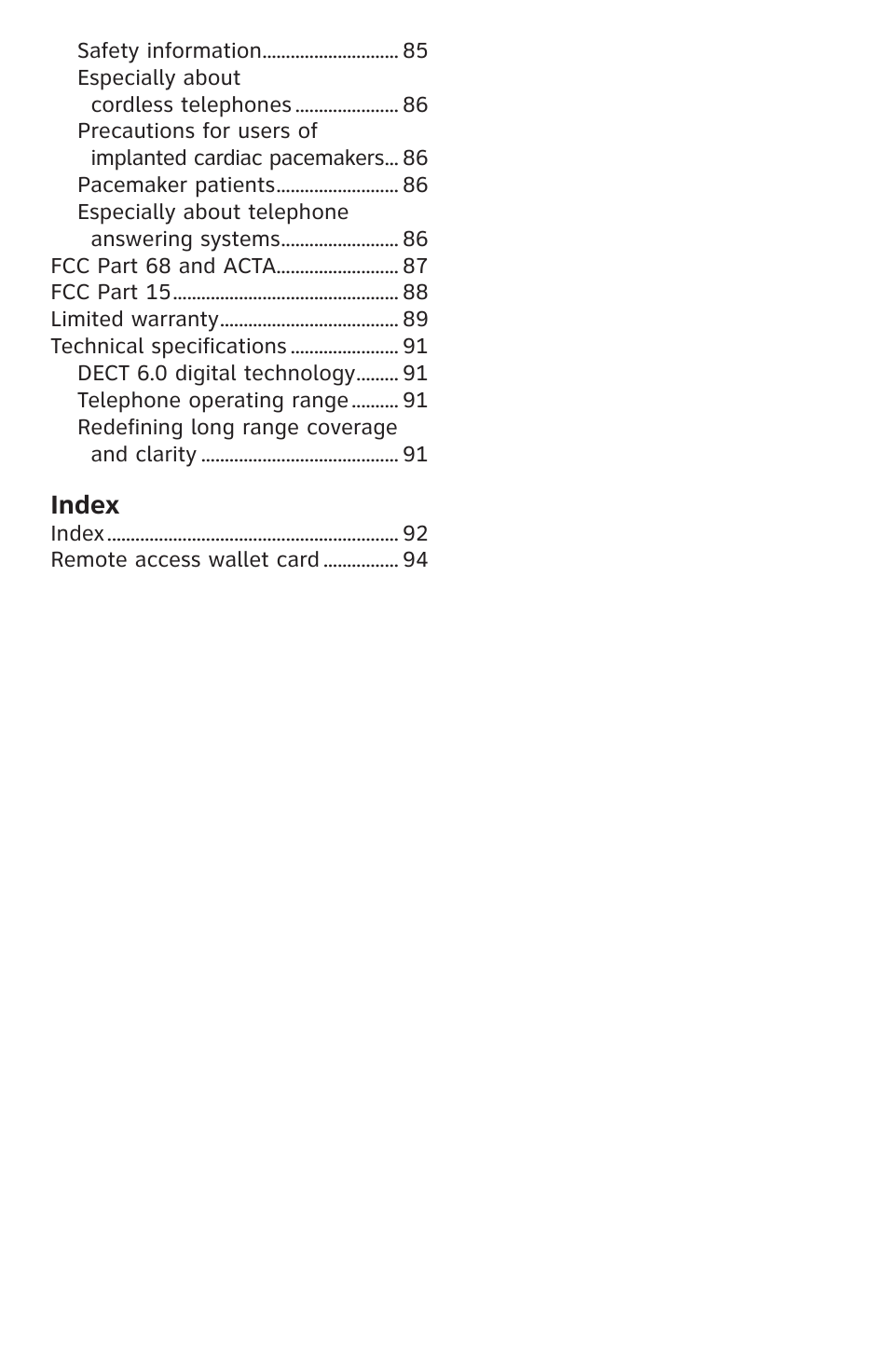 Index | AT&T CL84200 User Manual | Page 6 / 101