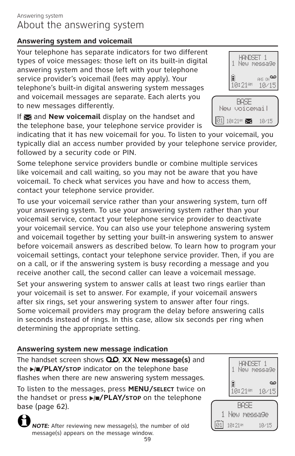 About the answering system, Twice on the handset or press /play, On the telep hone base (page 62) | AT&T CL84200 User Manual | Page 65 / 101