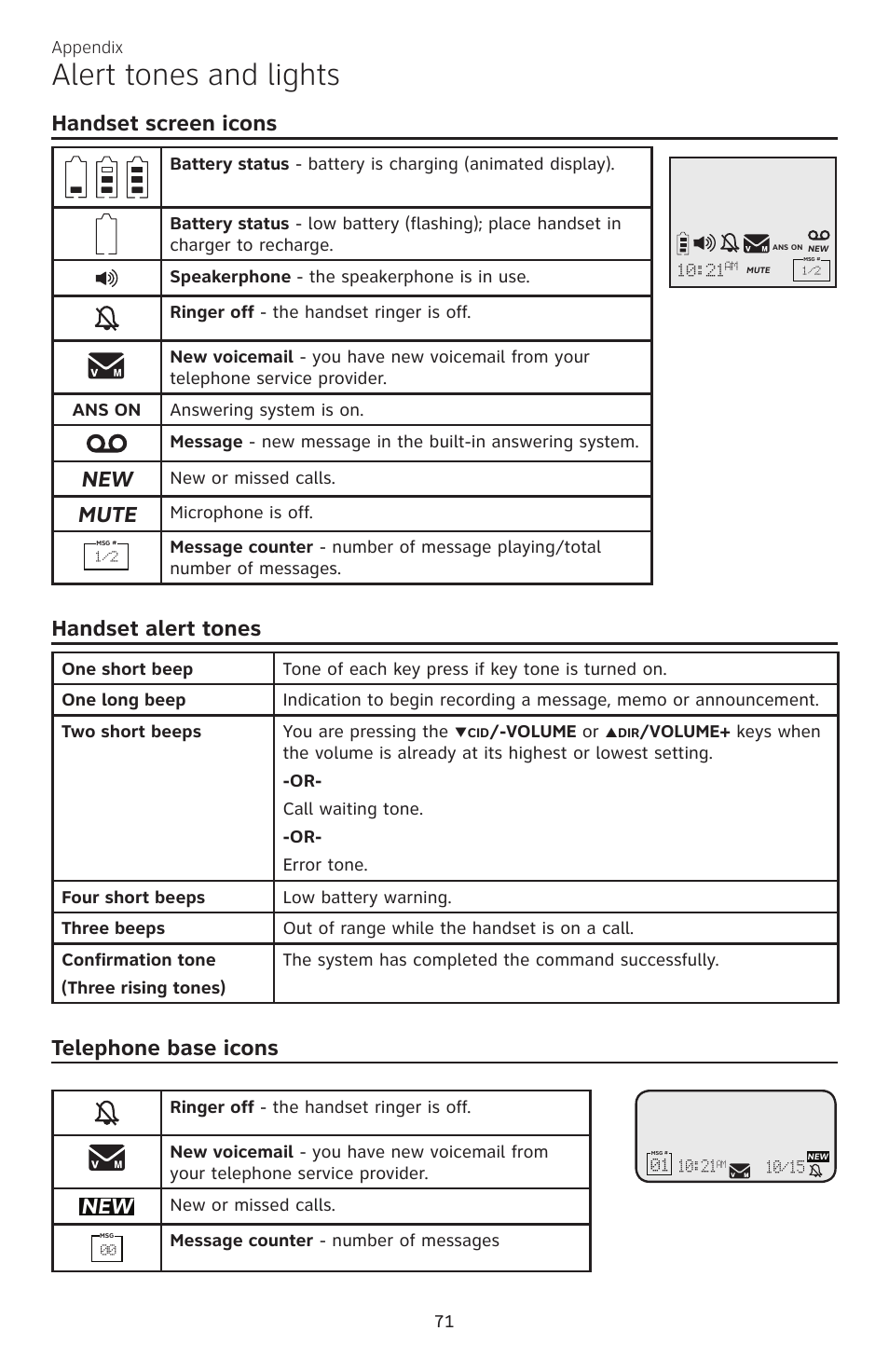 Alert tones and lights, Handset screen icons, Mute | Handset alert tones, Telephone base icons | AT&T CL84200 User Manual | Page 77 / 101