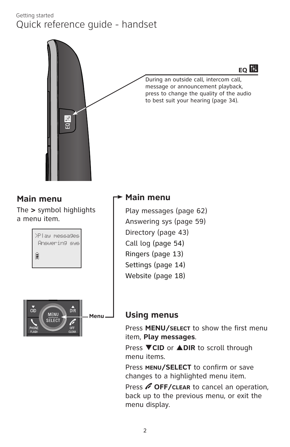 Quick reference guide - handset, Main menu, Using menus | AT&T CL84200 User Manual | Page 8 / 101