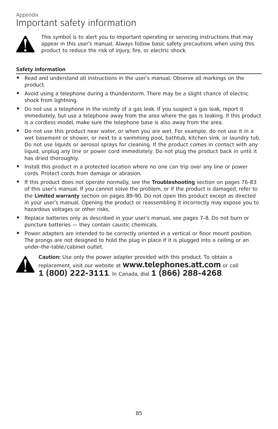 Important safety information | AT&T CL84200 User Manual | Page 91 / 101