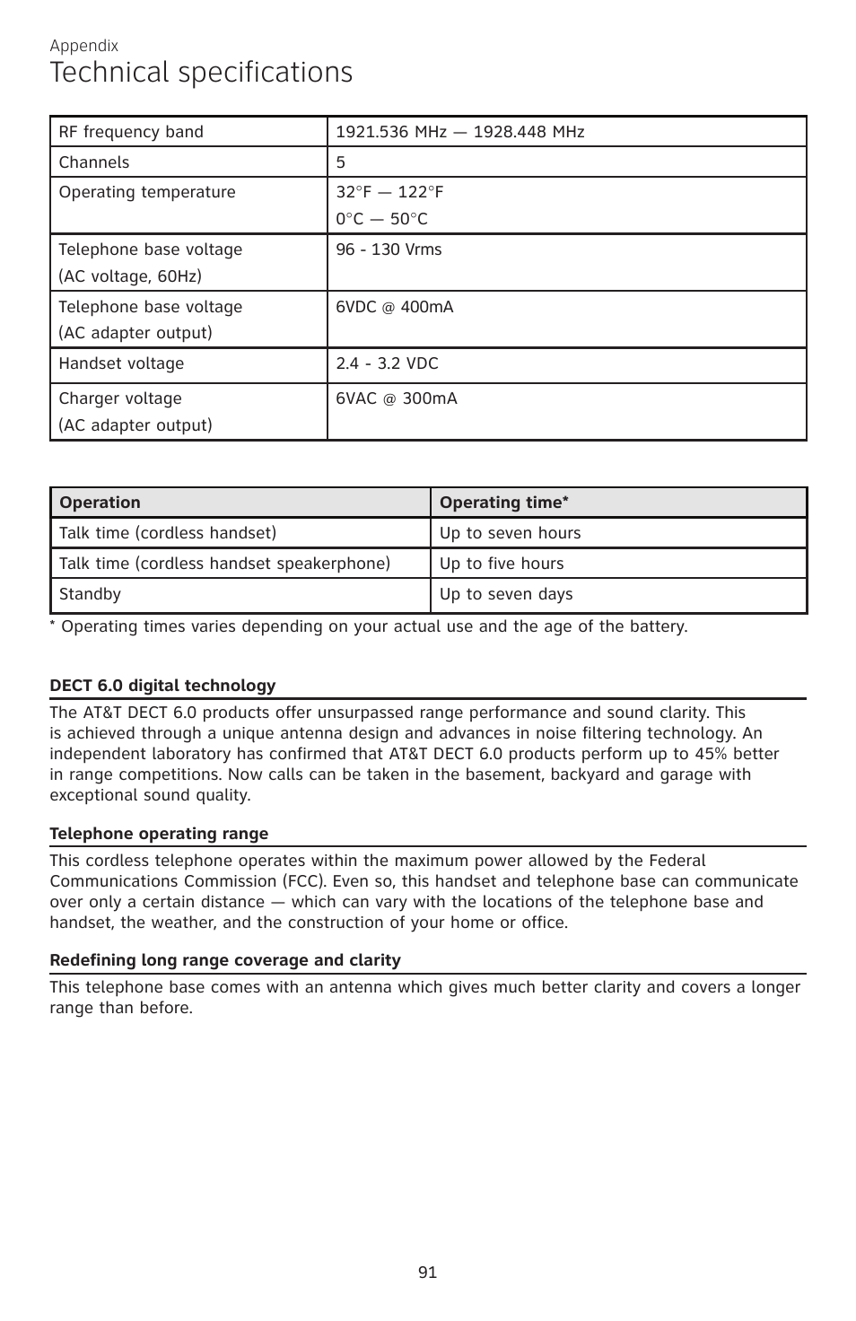 Technical specifications | AT&T CL84200 User Manual | Page 97 / 101