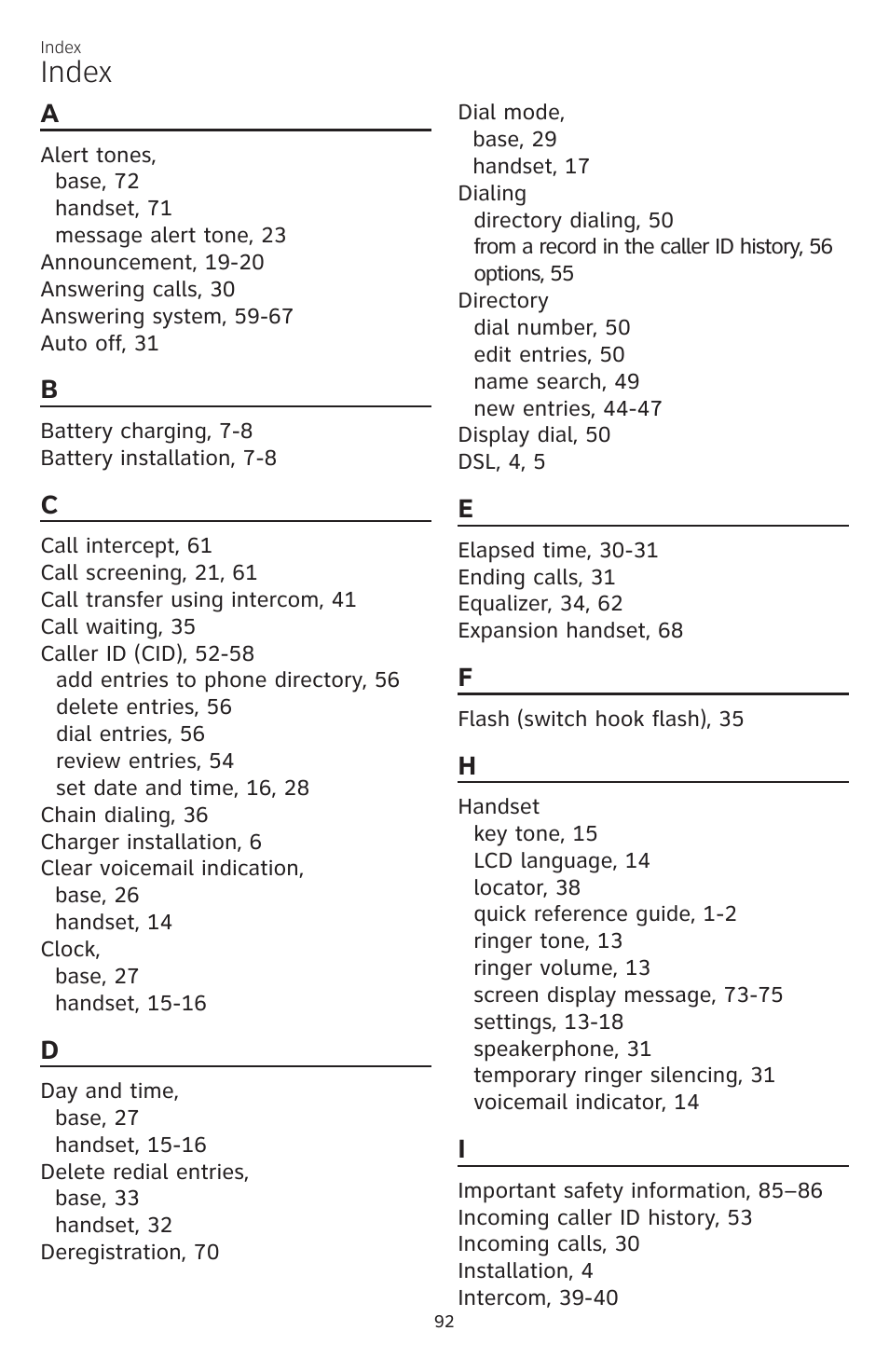 Index | AT&T CL84200 User Manual | Page 98 / 101