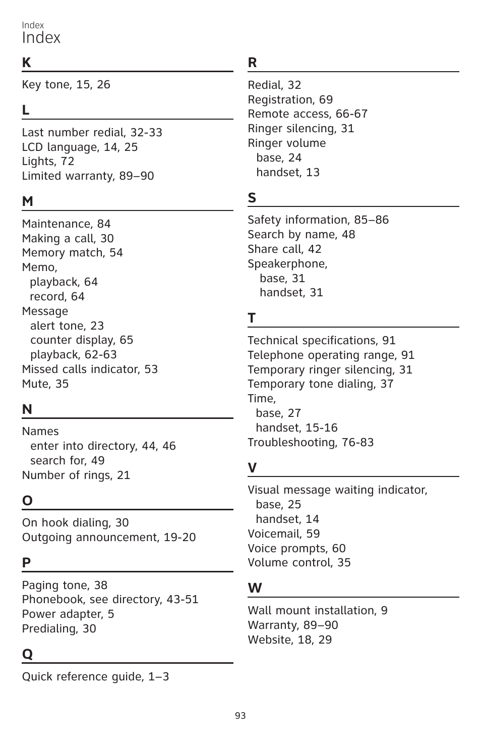 Index | AT&T CL84200 User Manual | Page 99 / 101