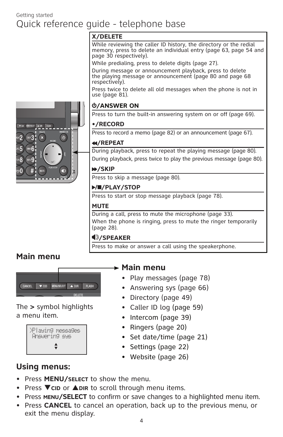 Quick reference guide - telephone base, Main menu, Using menus | AT&T CL83101 User Manual | Page 10 / 118