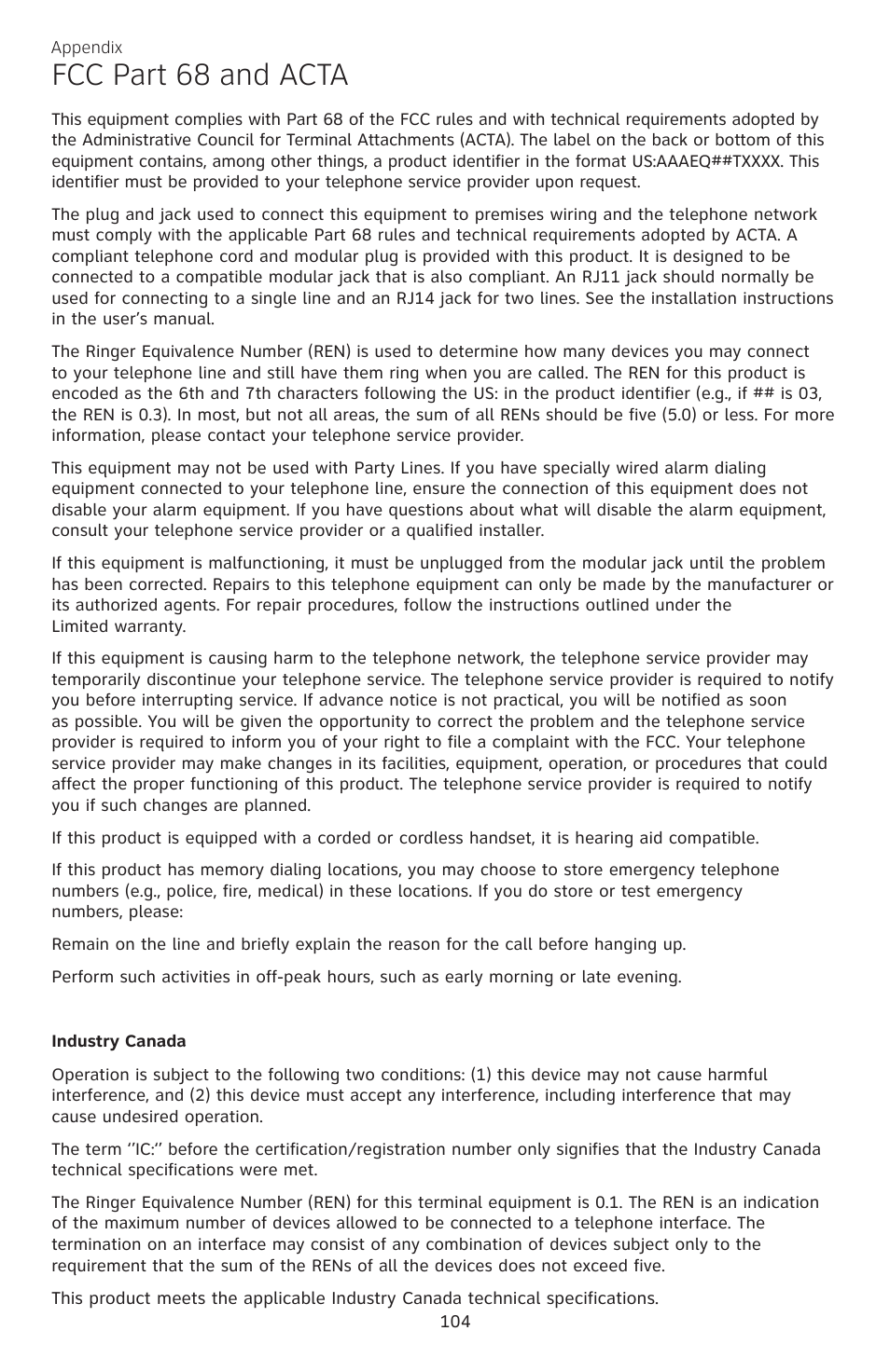 Fcc part 68 and acta | AT&T CL83101 User Manual | Page 110 / 118