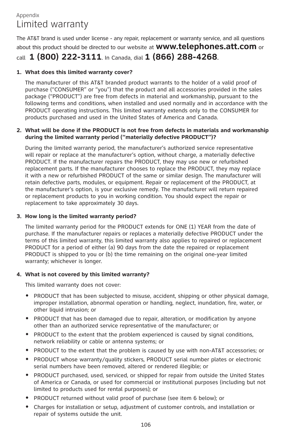 Limited warranty | AT&T CL83101 User Manual | Page 112 / 118