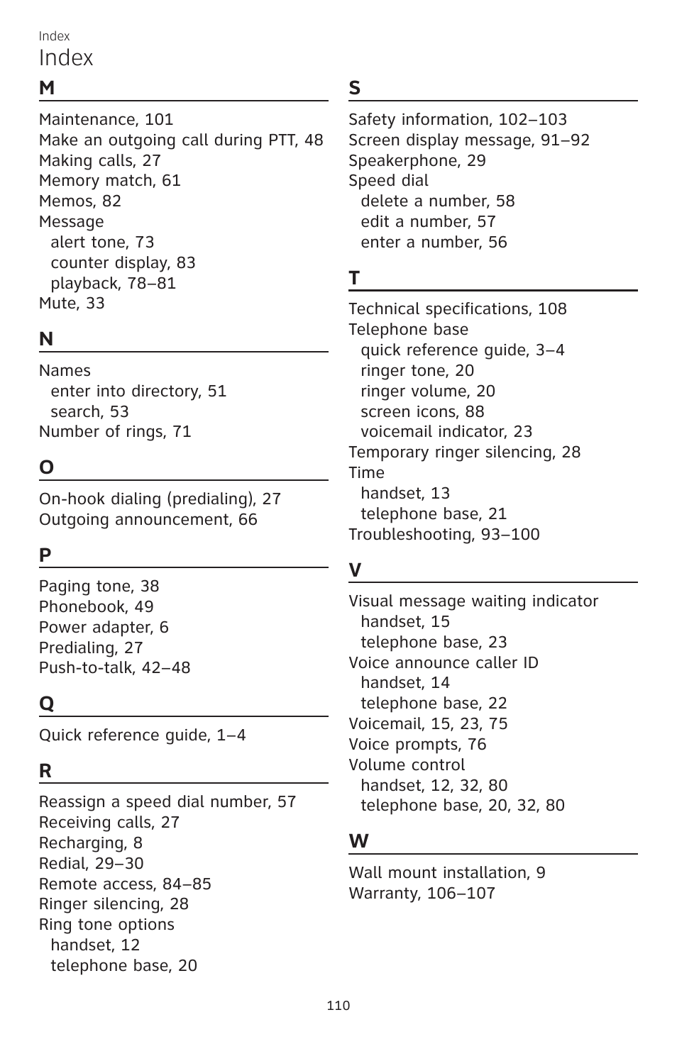 Index | AT&T CL83101 User Manual | Page 116 / 118