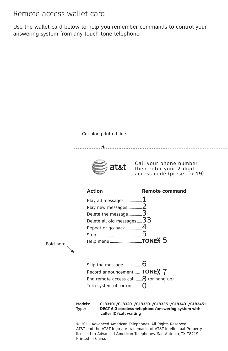 Remote access wallet card | AT&T CL83101 User Manual | Page 117 / 118