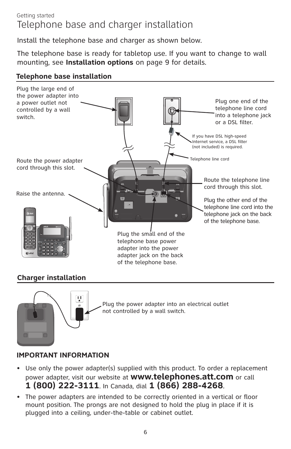Telephone base and charger installation | AT&T CL83101 User Manual | Page 12 / 118