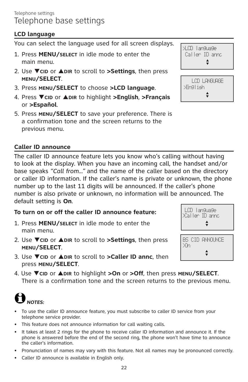 Telephone base settings, Elect . 3. press, Elect to choose >lcd language . 4. press | Elect . 3. use, Elect . 4. use | AT&T CL83101 User Manual | Page 28 / 118