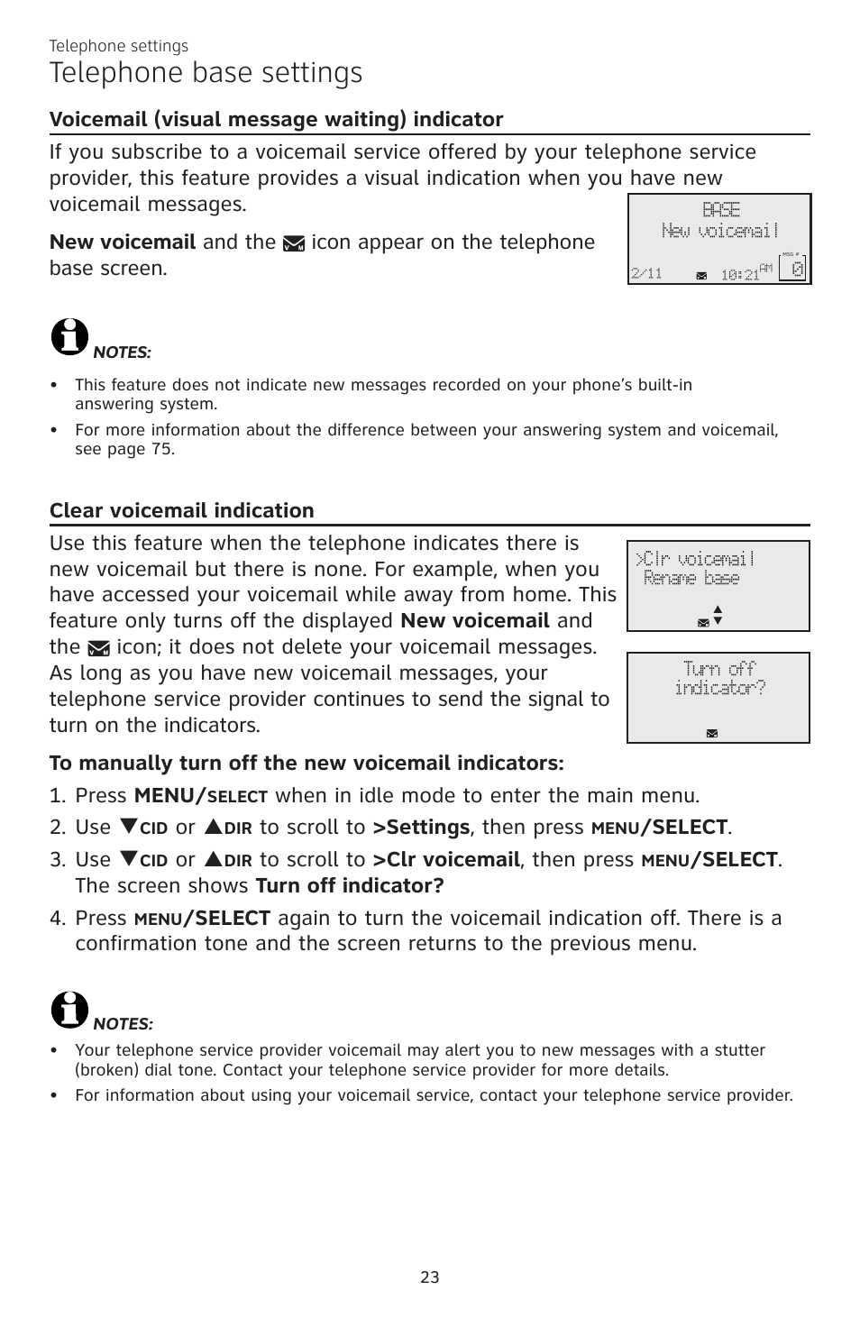 Telephone base settings, When in idle mode to enter the main menu. 2. use q, Or p | Elect . 3. use q | AT&T CL83101 User Manual | Page 29 / 118