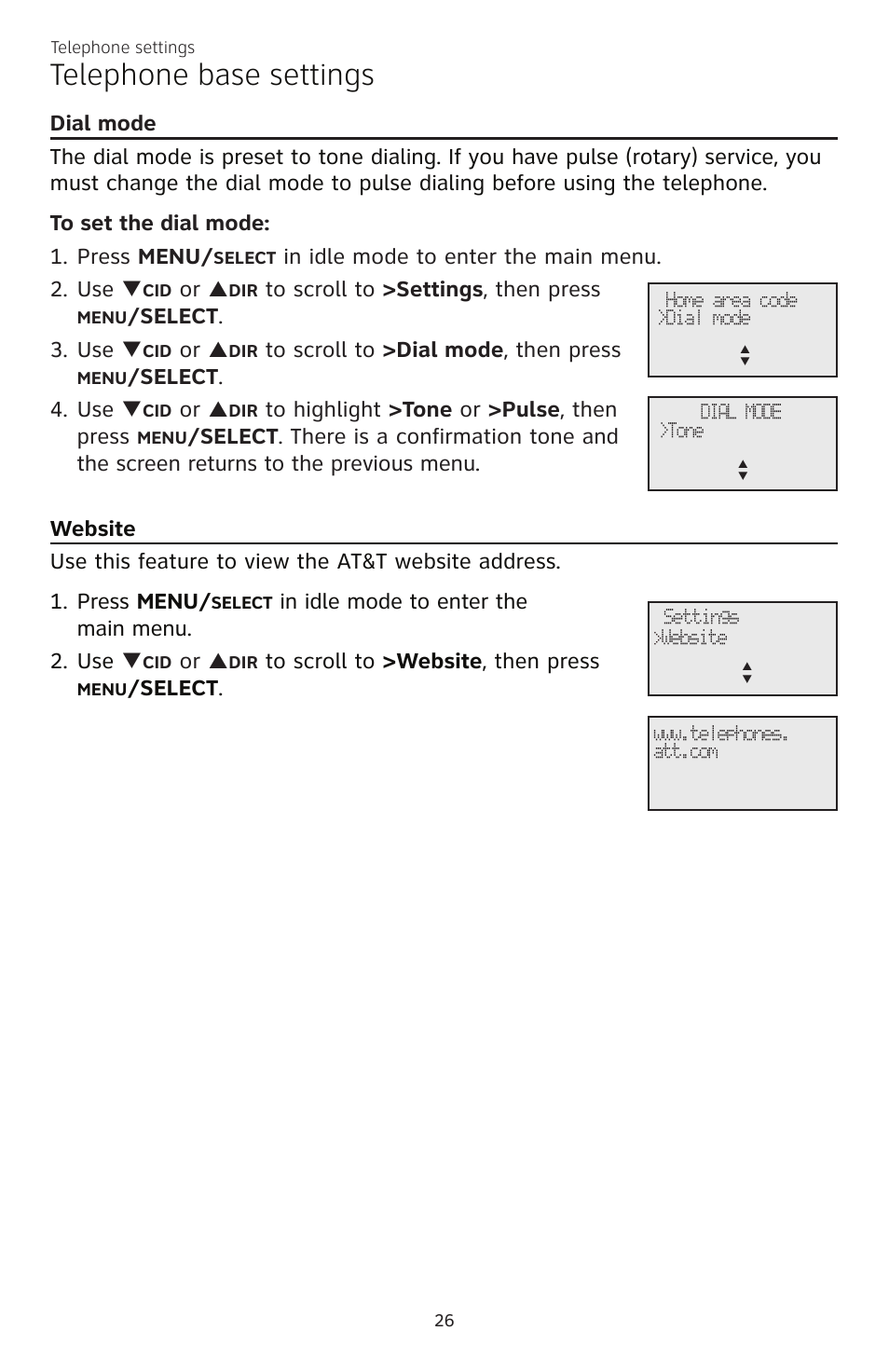 Telephone base settings, Elect . 3. use, Elect . 4. use | Elect | AT&T CL83101 User Manual | Page 32 / 118