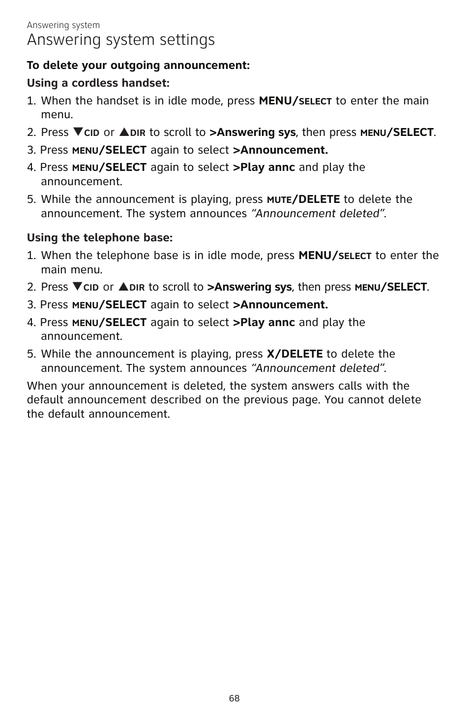 Answering system settings | AT&T CL83101 User Manual | Page 74 / 118