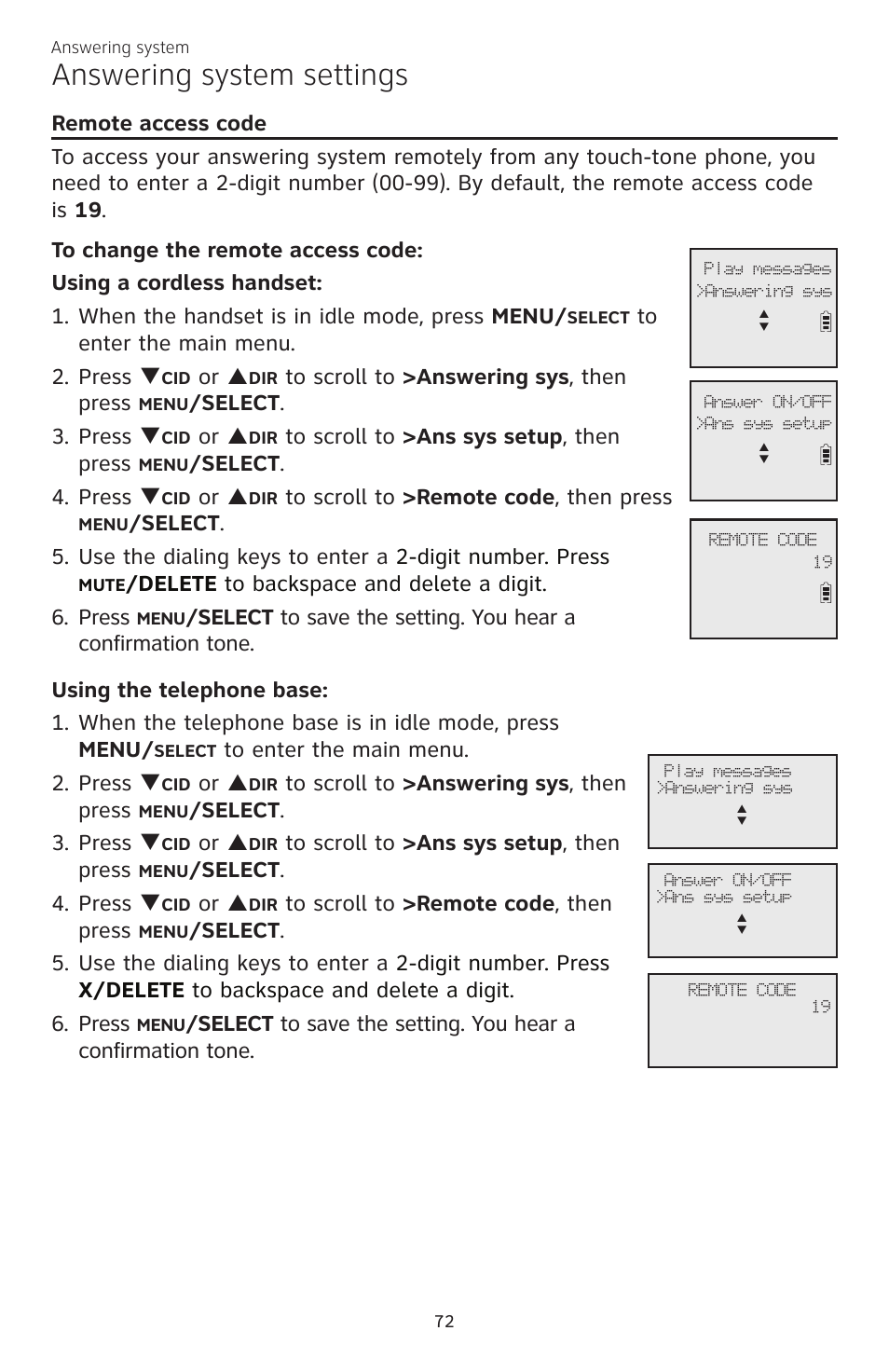 Answering system settings, Or p, Elect . 3. press q | Elect . 4. press q, Delete to backspace and delete a digit. 6. press | AT&T CL83101 User Manual | Page 78 / 118