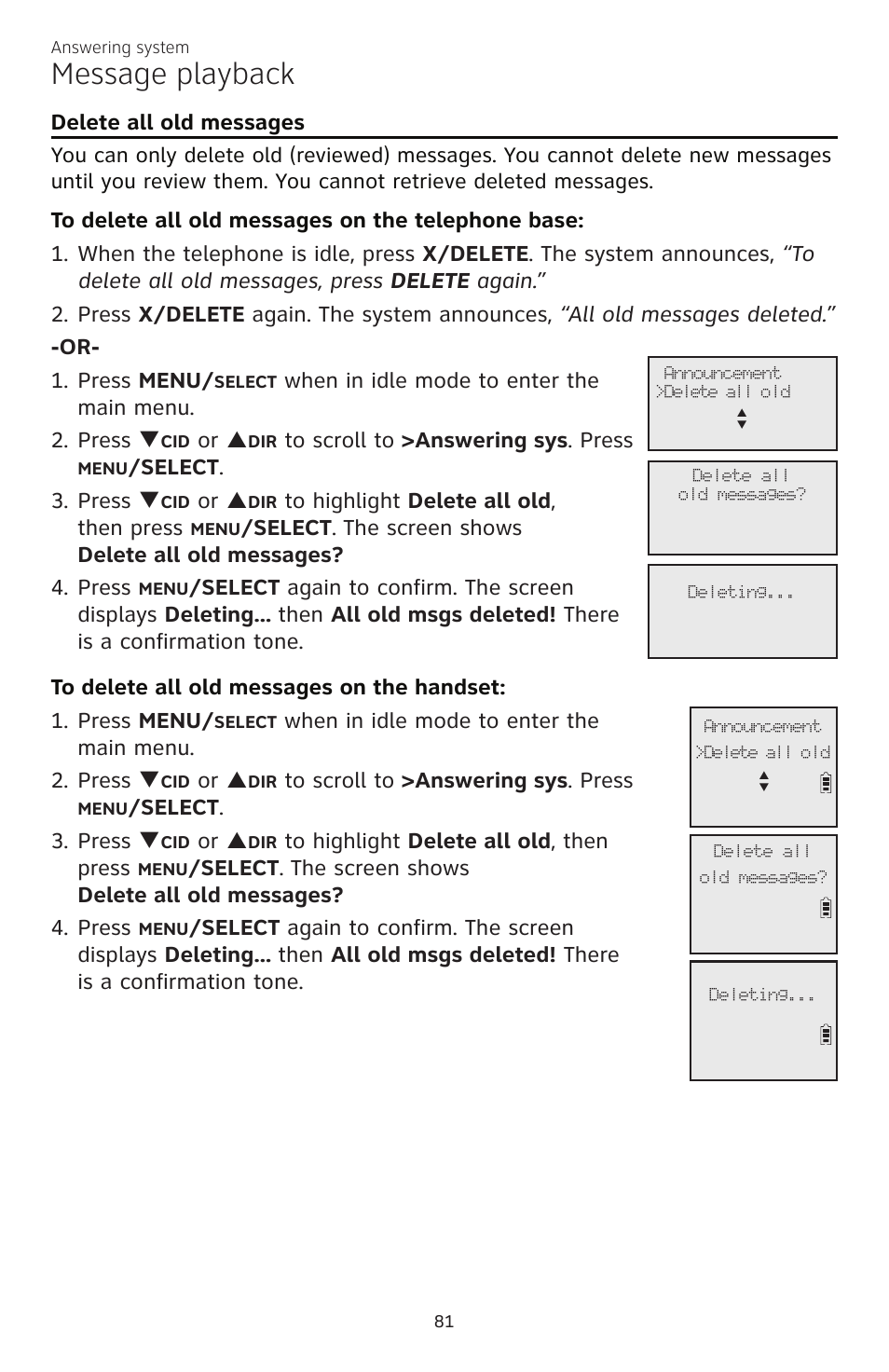 Message playback, Delete all old messages, Or p | Elect . 3. press q | AT&T CL83101 User Manual | Page 87 / 118