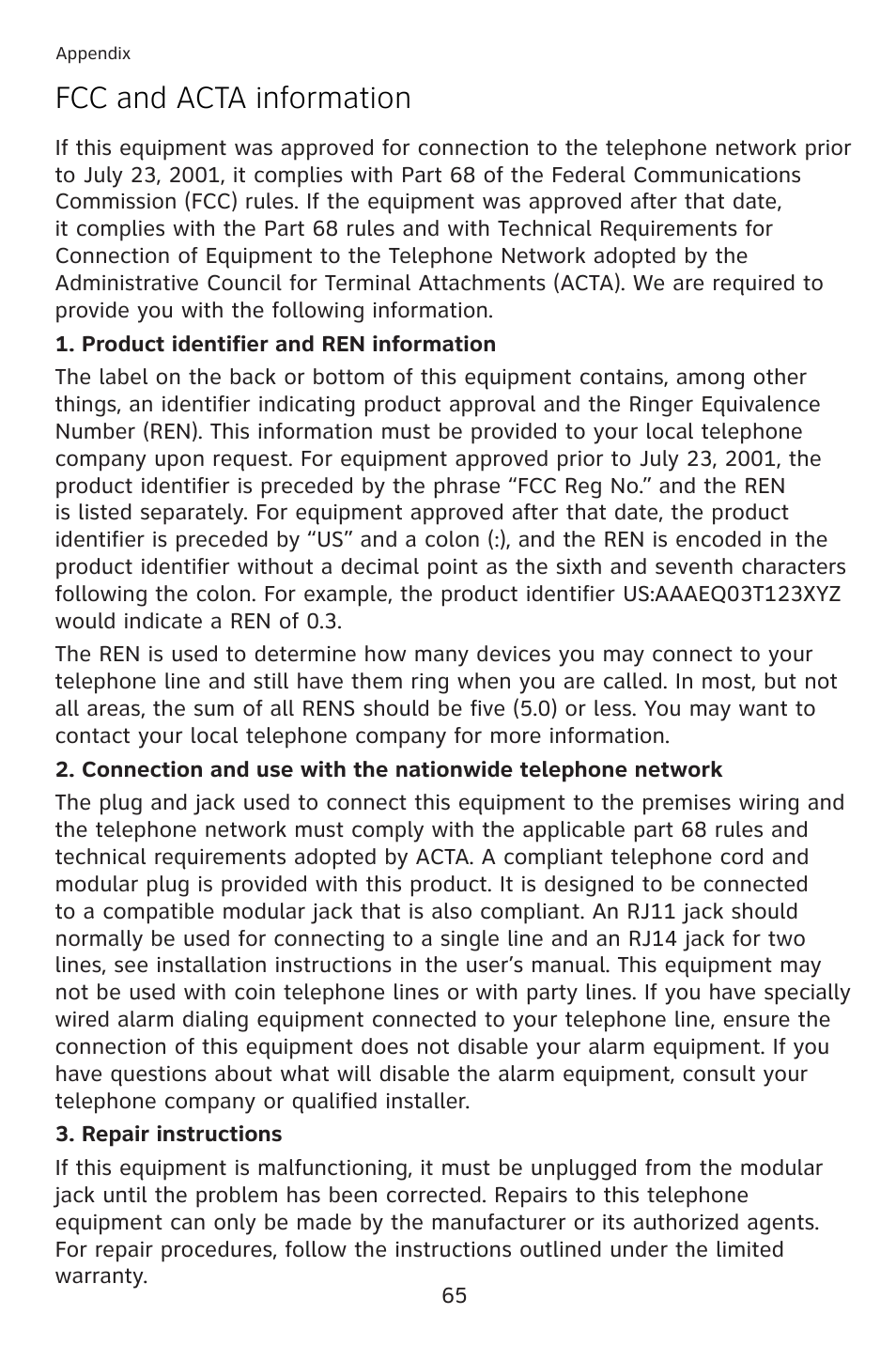 Fcc and acta information | AT&T 993 User Manual | Page 68 / 79