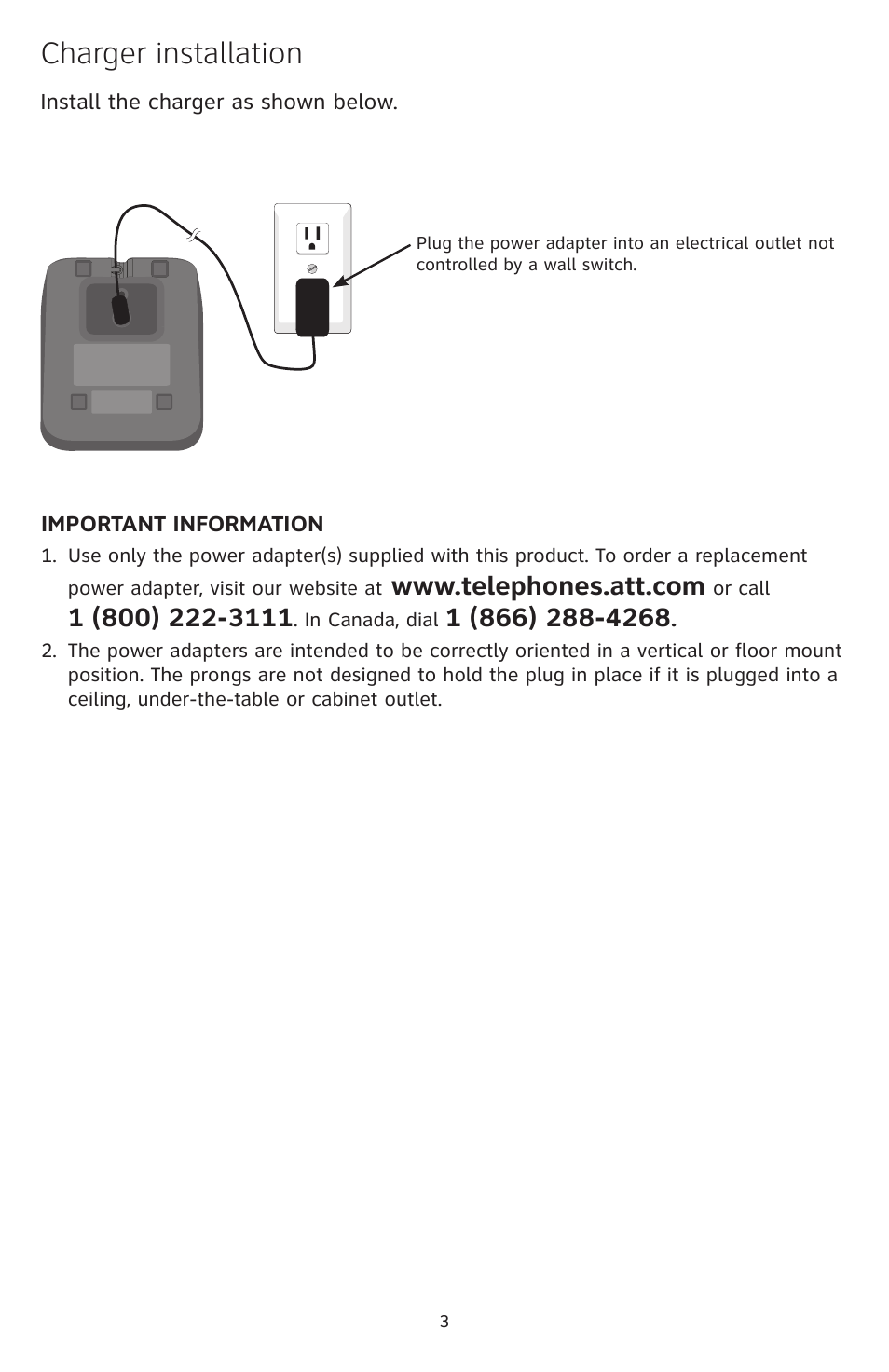 Charger installation | AT&T CL84350 User Manual | Page 4 / 11