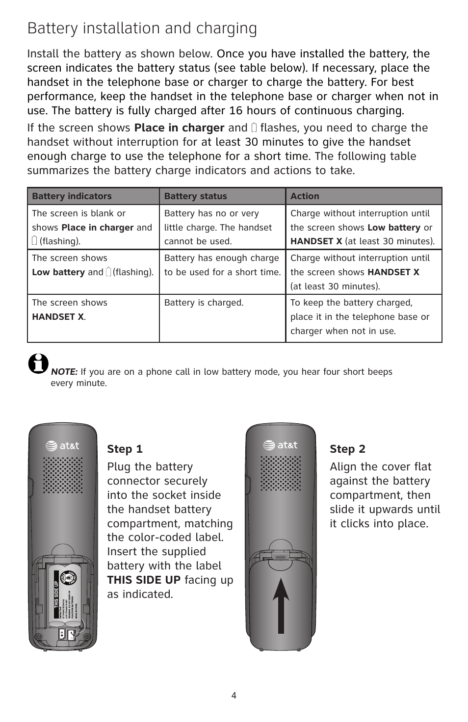 Battery installation and charging | AT&T CL84350 User Manual | Page 5 / 11