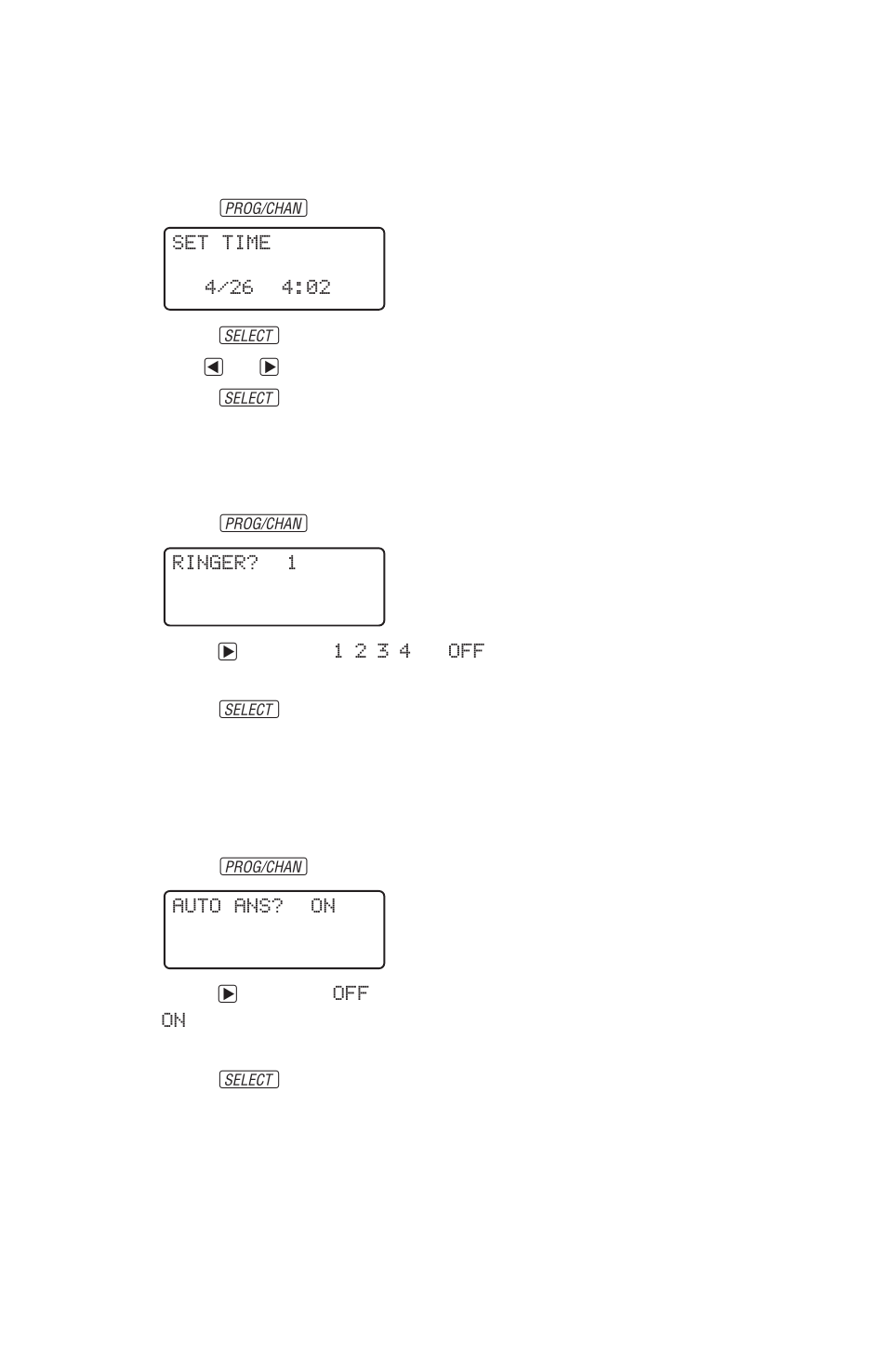 Feature settings, Time/date, Ringer selection | Auto answer on/off | AT&T 8243 User Manual | Page 9 / 25