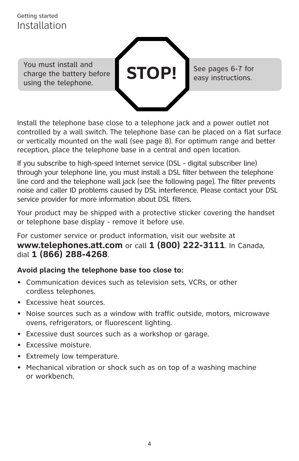 Installation, Stop | AT&T CL82401 User Manual | Page 10 / 89