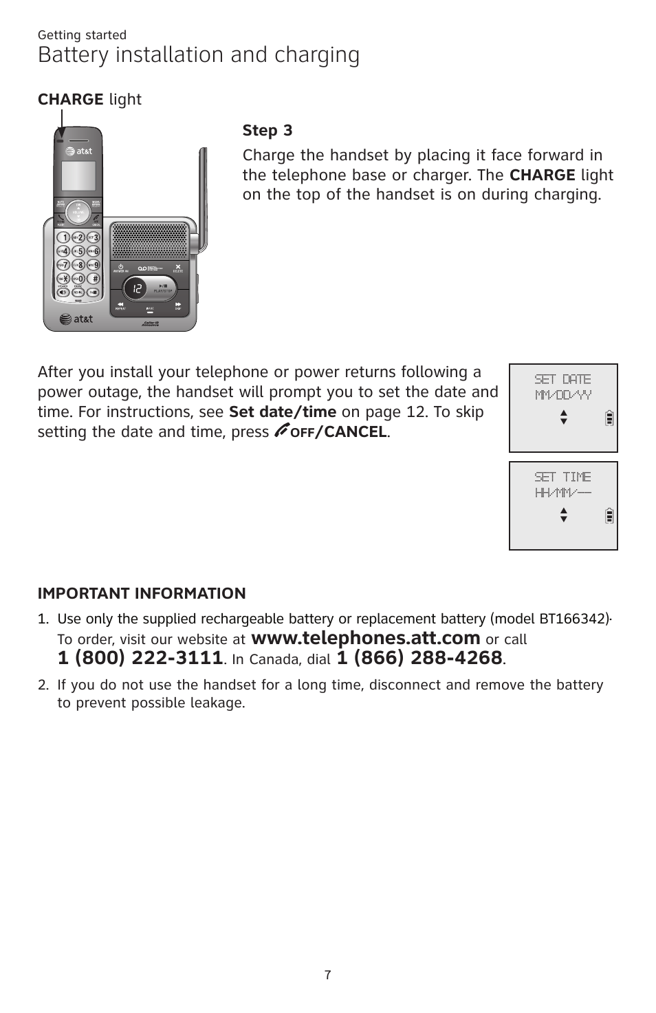 Battery installation and charging, Cancel | AT&T CL82401 User Manual | Page 13 / 89