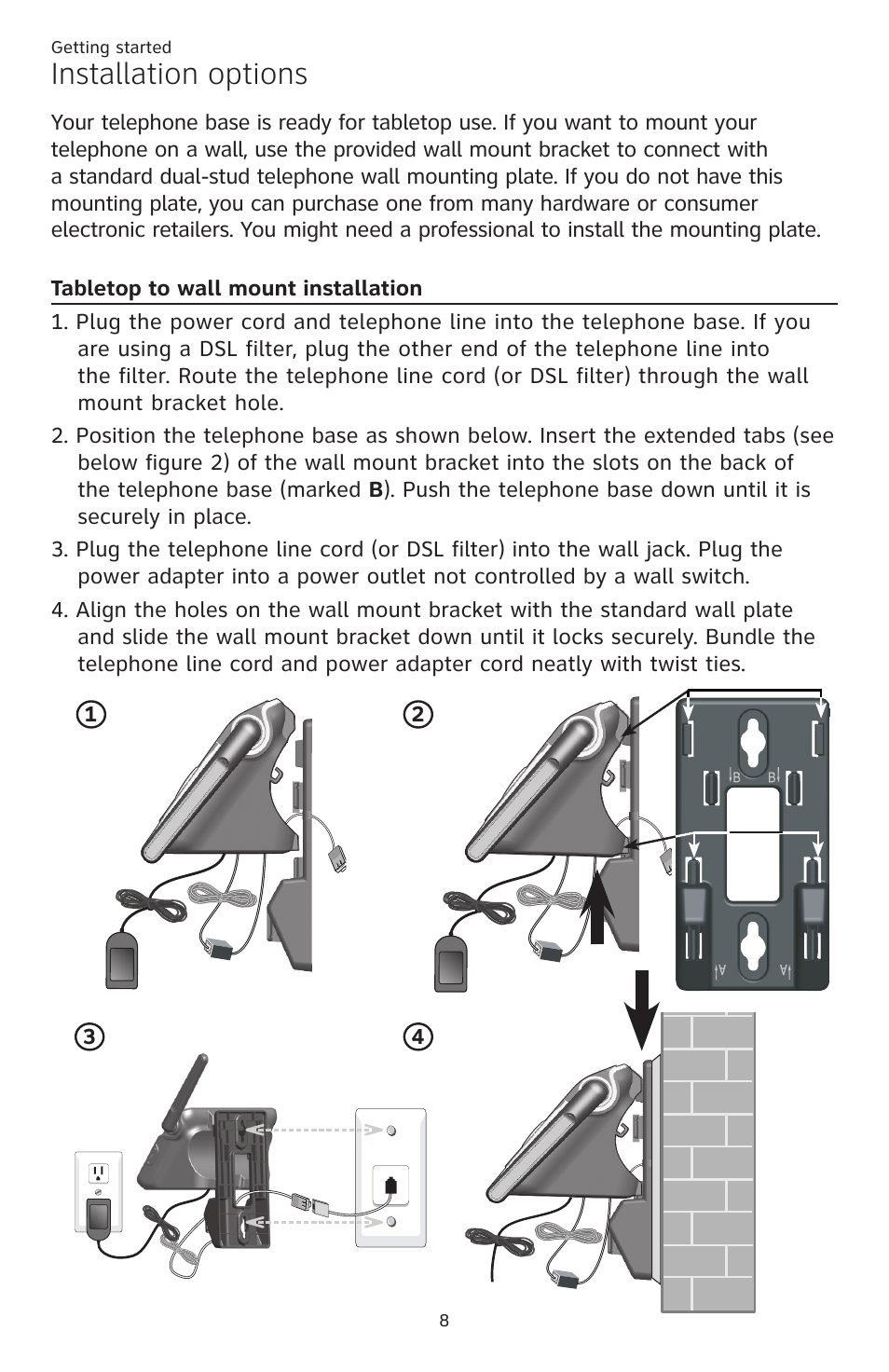 Installation options, Tabletop to wall mount installation, Tabletop to wall mount | Installation | AT&T CL82401 User Manual | Page 14 / 89