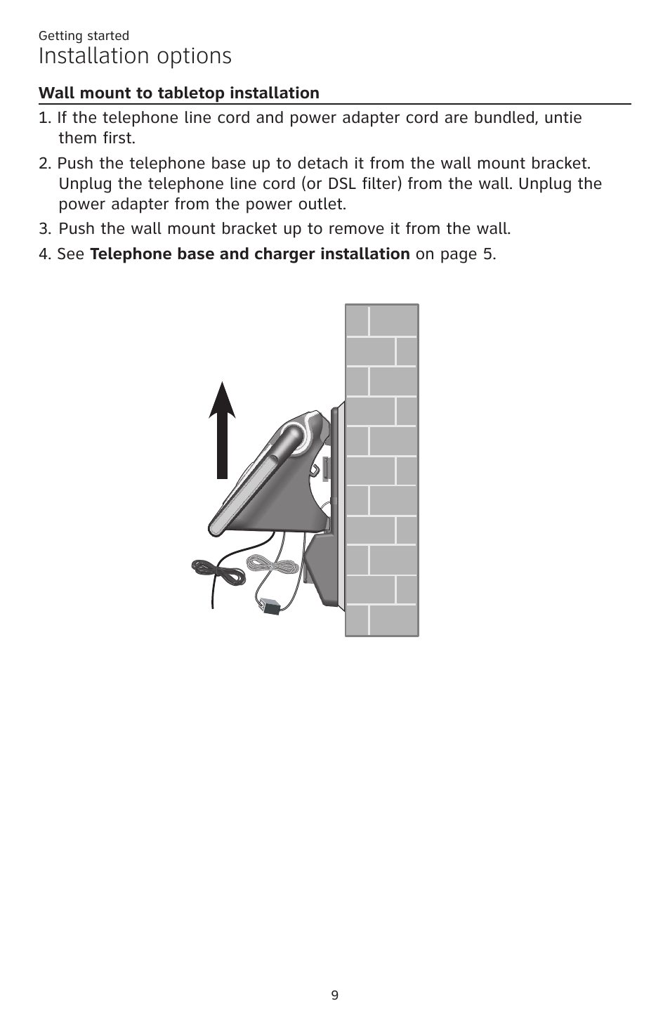 Wall mount to tabletop installation, Wall mount to tabletop, Installation | Installation options | AT&T CL82401 User Manual | Page 15 / 89