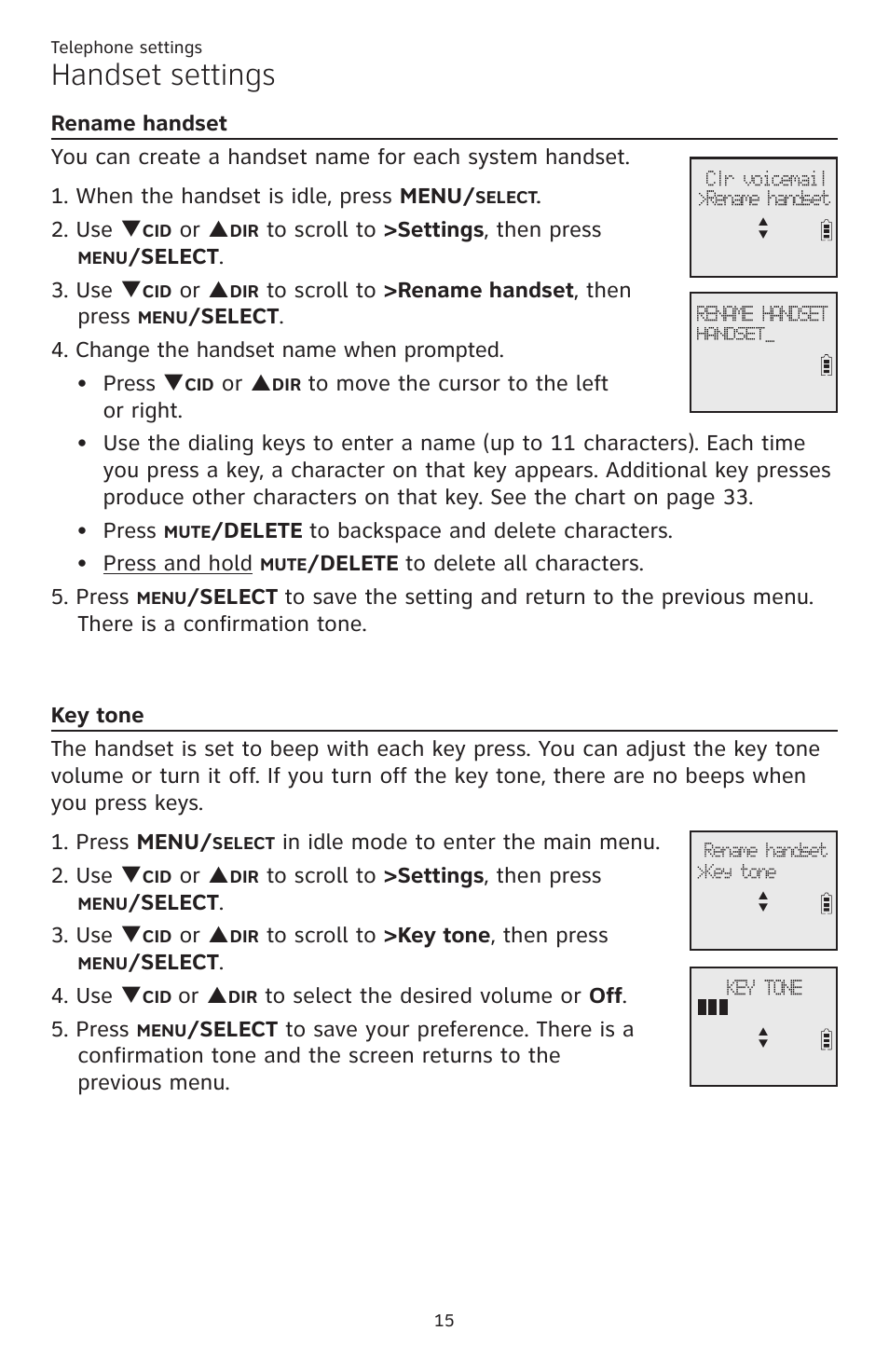 Rename handset, Key tone, Rename handset key tone | Handset settings, Use q, Or p, Select . 3. use q, Delete to delete all characters. 5. press, Select . 4. use q | AT&T CL82401 User Manual | Page 21 / 89