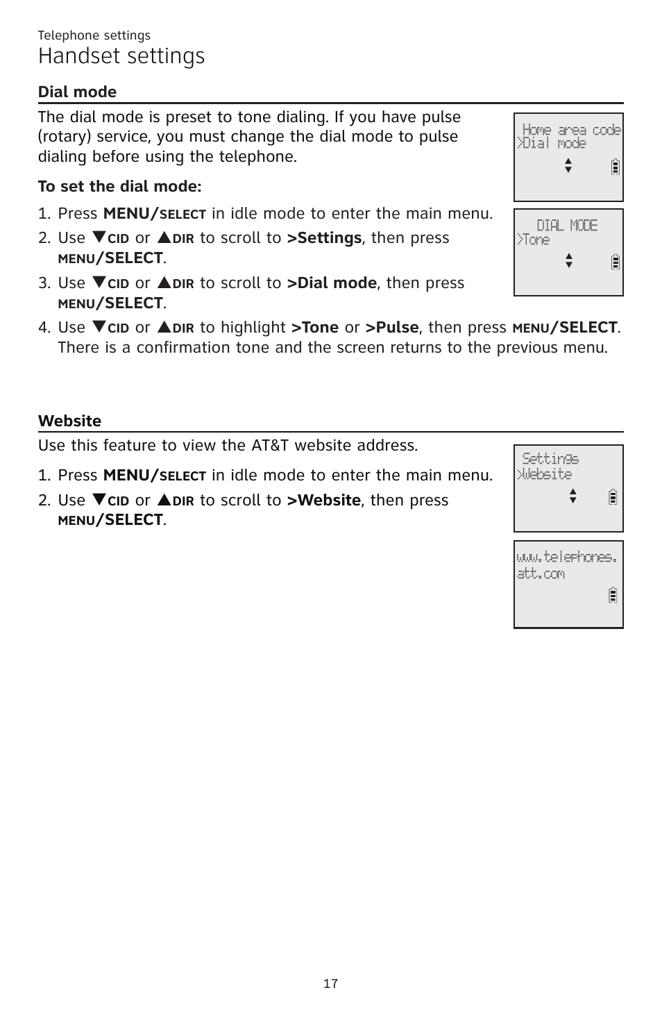 Dial mode, Website, Dial mode website | Handset settings, Or p, Select . 3. use q, Select . 4. use q, Select | AT&T CL82401 User Manual | Page 23 / 89