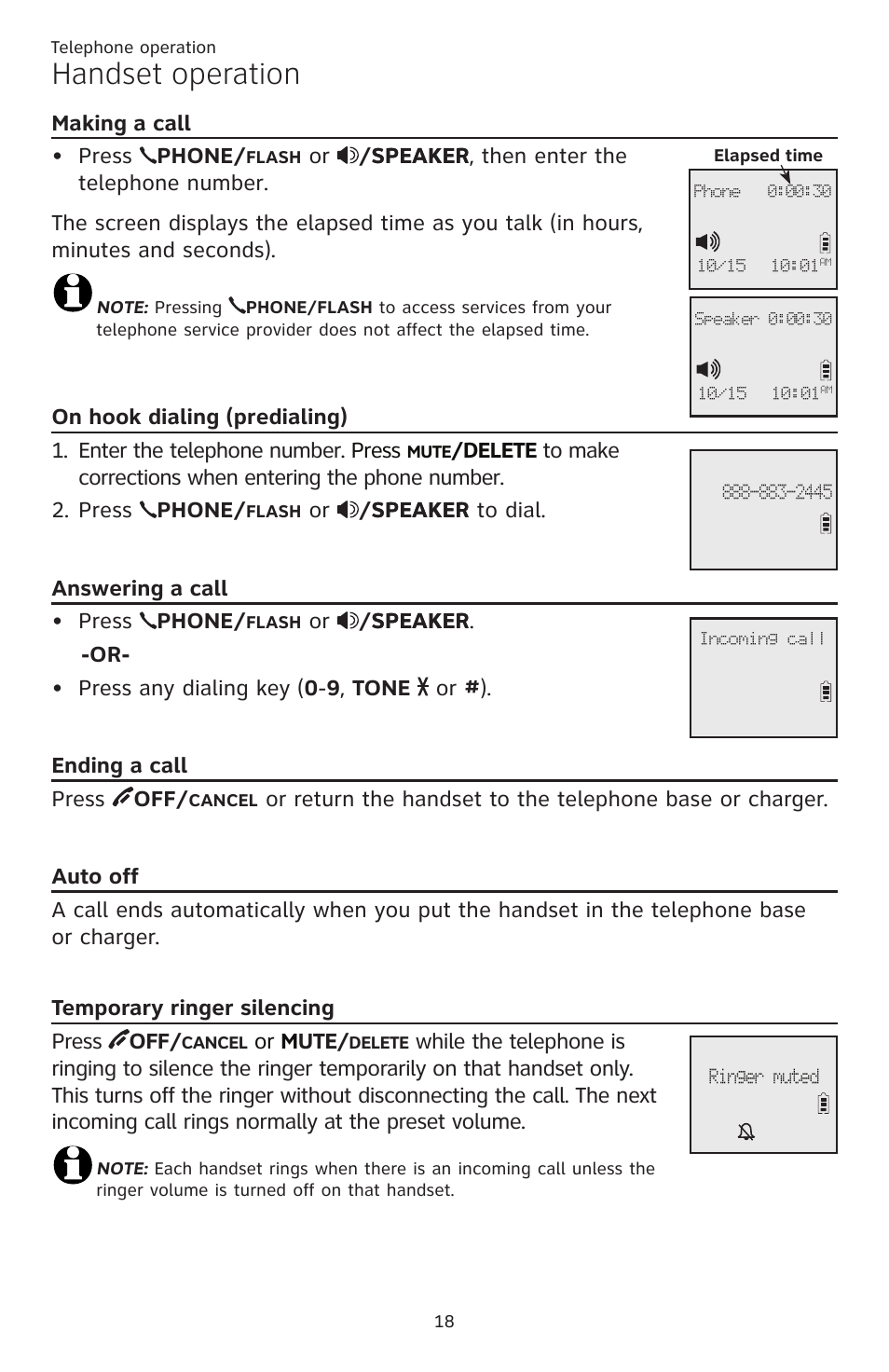 Temporary ringer silencing, Auto off, Ending a call | Answering a call, On hook dialing (predialing), Making a call, Handset operation, Making a call press phone, Or m ute | AT&T CL82401 User Manual | Page 24 / 89