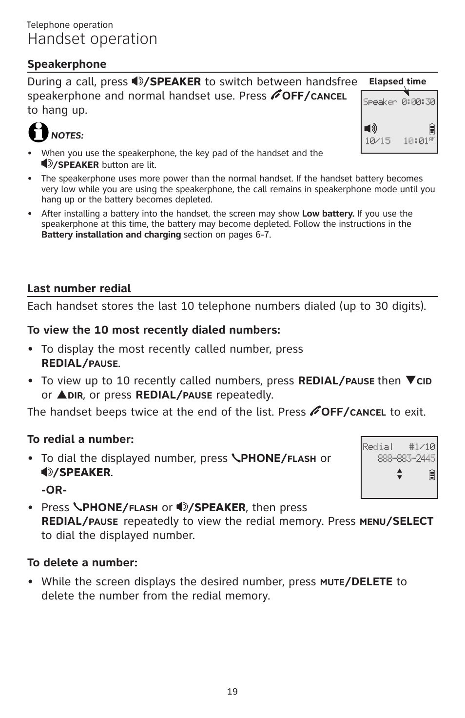 Last number redial, Speakerphone, Speakerphone last number redial | Handset operation, Then q, Or p, Or press redial, Or /spea�er spea�er . -or- press phone, Or /spea�er spea�er , then press redial | AT&T CL82401 User Manual | Page 25 / 89