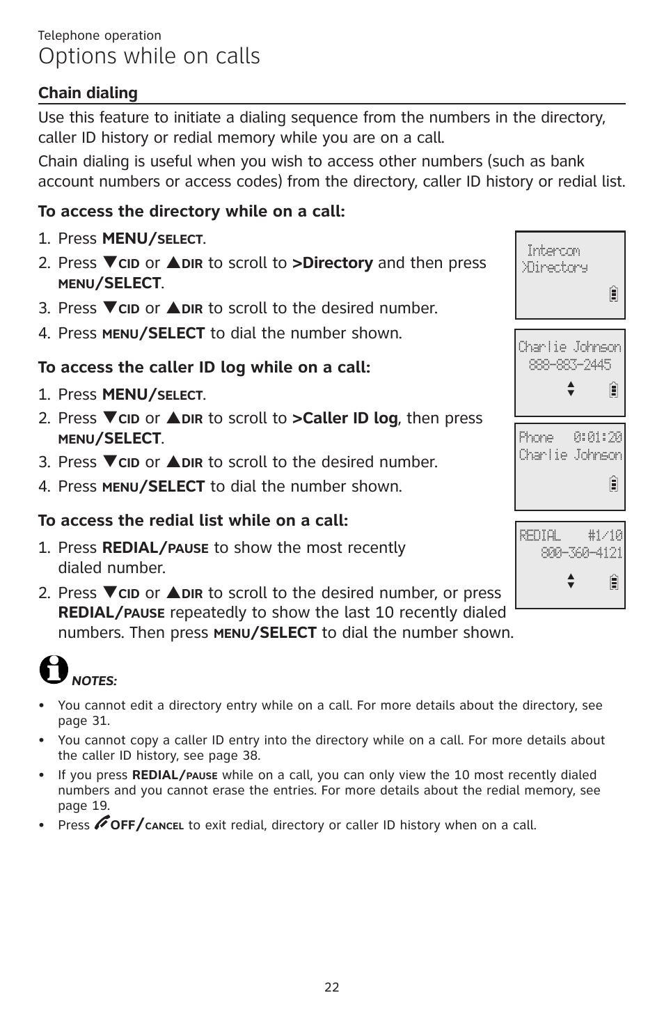 Chain dialing, Options while on calls, Press q | Or p, Select . 3. press q, Select to dial the number shown | AT&T CL82401 User Manual | Page 28 / 89