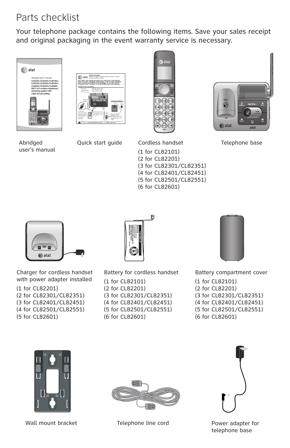 Parts checklist, Quick start guide | AT&T CL82401 User Manual | Page 3 / 89