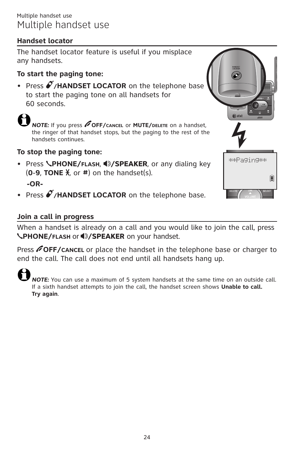 Multiple handset use, Handset locator, Join a call in progress | Handset locator join a call in progress | AT&T CL82401 User Manual | Page 30 / 89