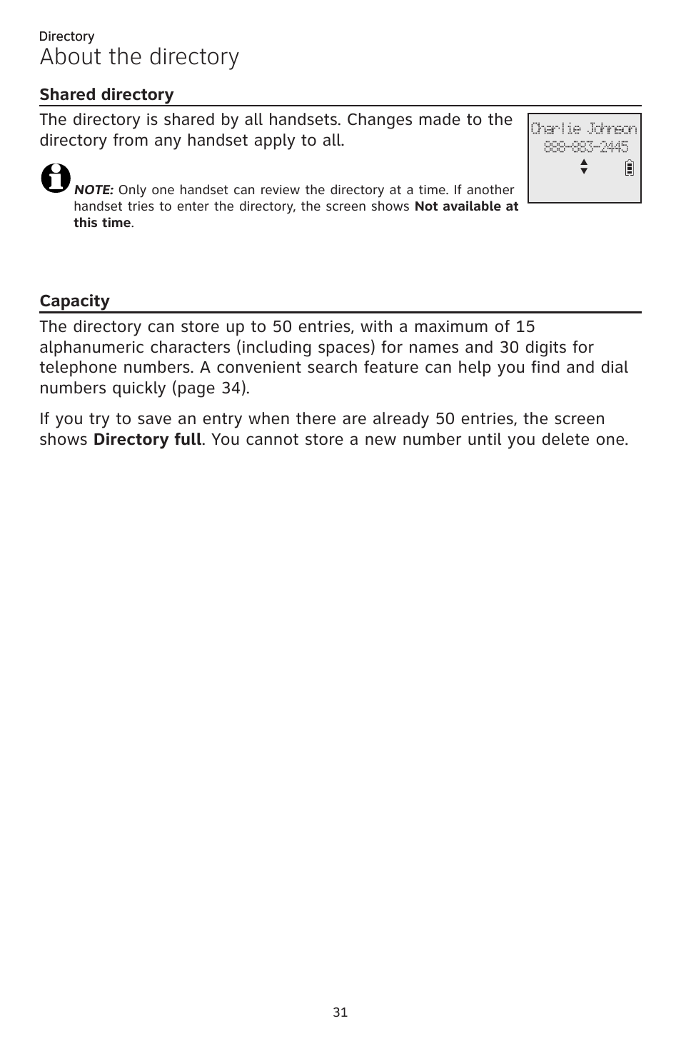 Directory, About the directory, Shared directory | Capacity, Shared directory capacity | AT&T CL82401 User Manual | Page 37 / 89