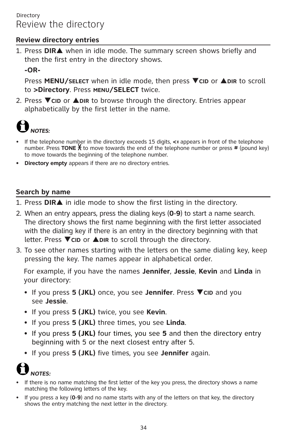 Review the directory, Review directory entries, Search by name | Review directory entries search by name | AT&T CL82401 User Manual | Page 40 / 89