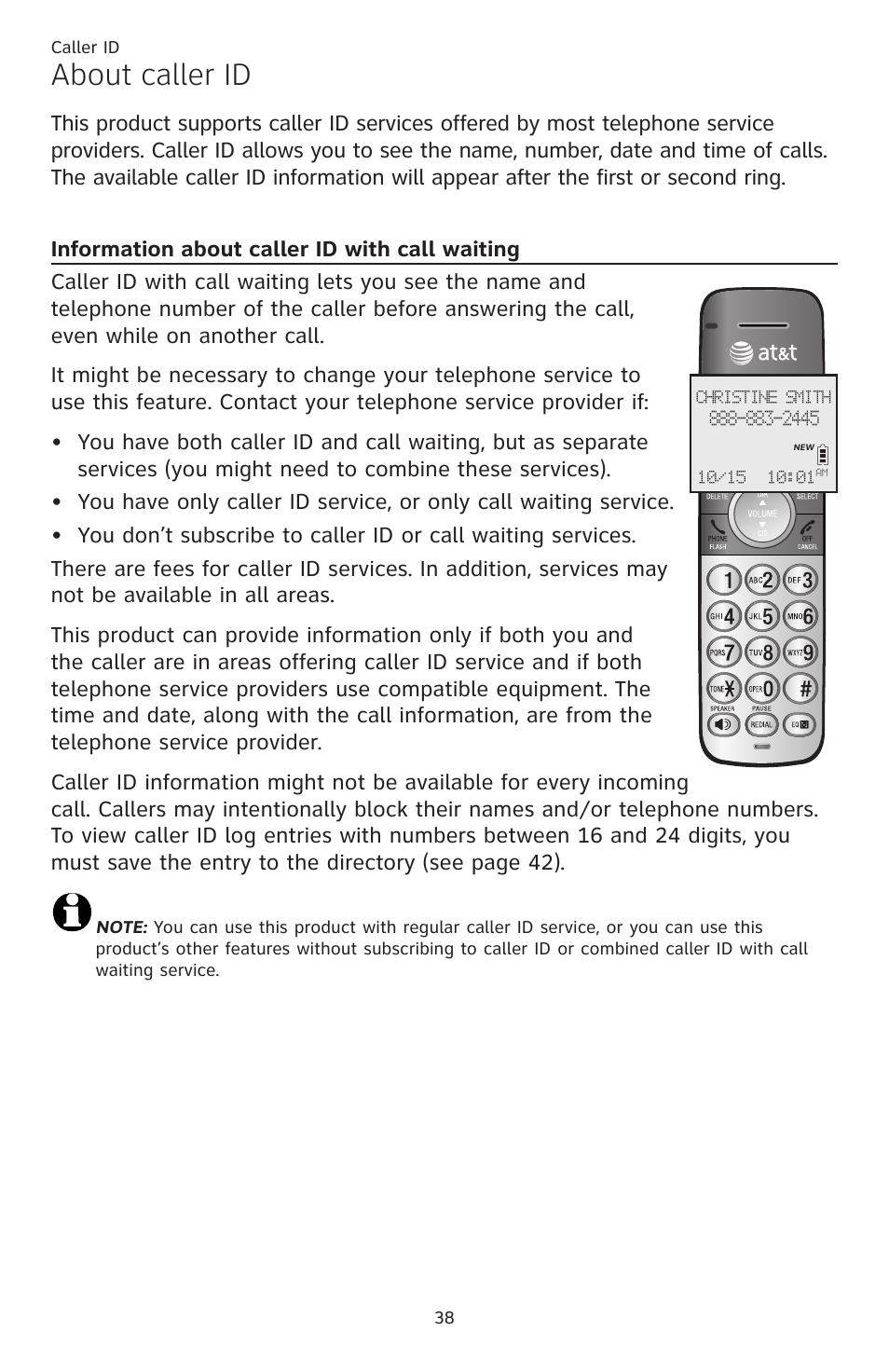 Caller id, About caller id, Information about caller id with call waiting | Information about caller id, With call waiting | AT&T CL82401 User Manual | Page 44 / 89