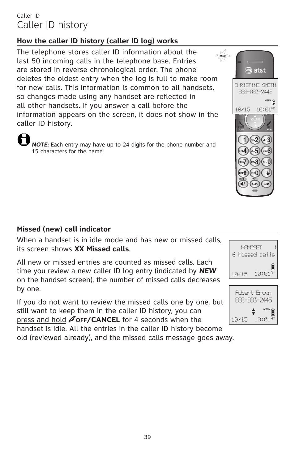 Caller id history, How the caller id history (caller id log) works, Missed (new) call indicator | How the caller id history, Caller id log) works | AT&T CL82401 User Manual | Page 45 / 89