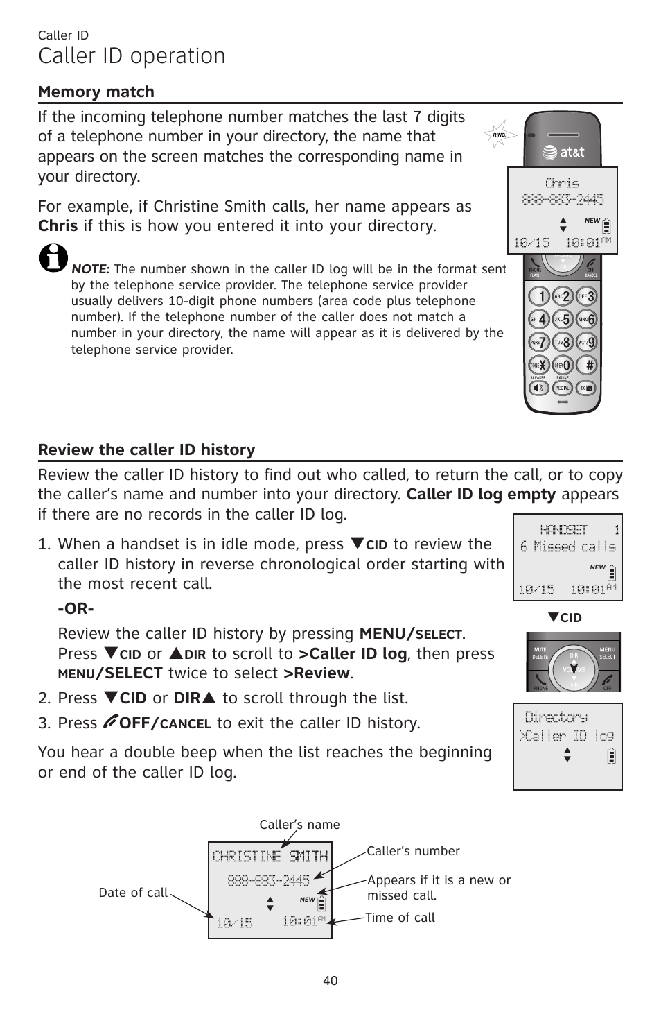 Caller id operation, Memory match, Review the caller id history | Memory match review the caller id history, Press q, Or p | AT&T CL82401 User Manual | Page 46 / 89