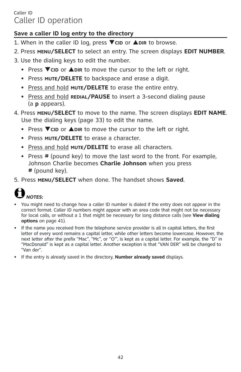 Save a caller id log entry to the directory, Save a caller id log entry to, The directory | Caller id operation | AT&T CL82401 User Manual | Page 48 / 89