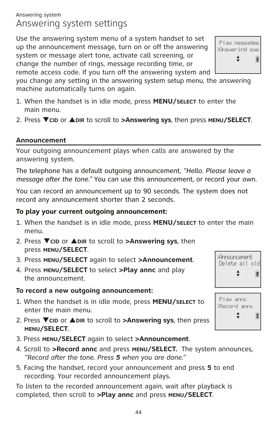 Answering system, Answering system settings, Announcement | Or p, Select . 3. press, Select again to select >announcement . 4. press, Select | AT&T CL82401 User Manual | Page 50 / 89