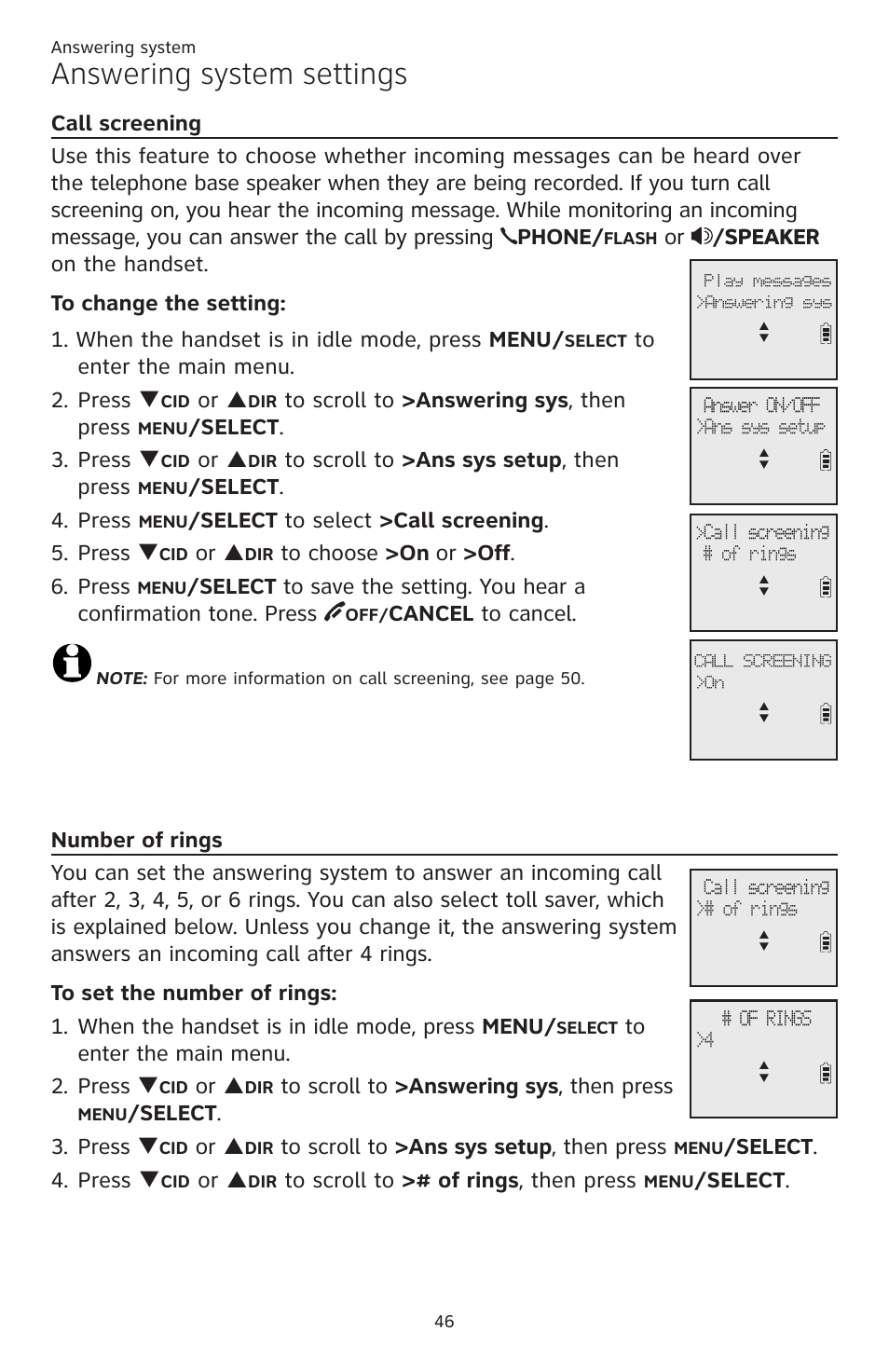 Call screening, Number of rings, Call screening number of rings | Answering system settings, Or p, Select . 3. press q, Select . 4. press, Select to select >call screening . 5. press q, Cancel to cancel, Select . 4. press q | AT&T CL82401 User Manual | Page 52 / 89