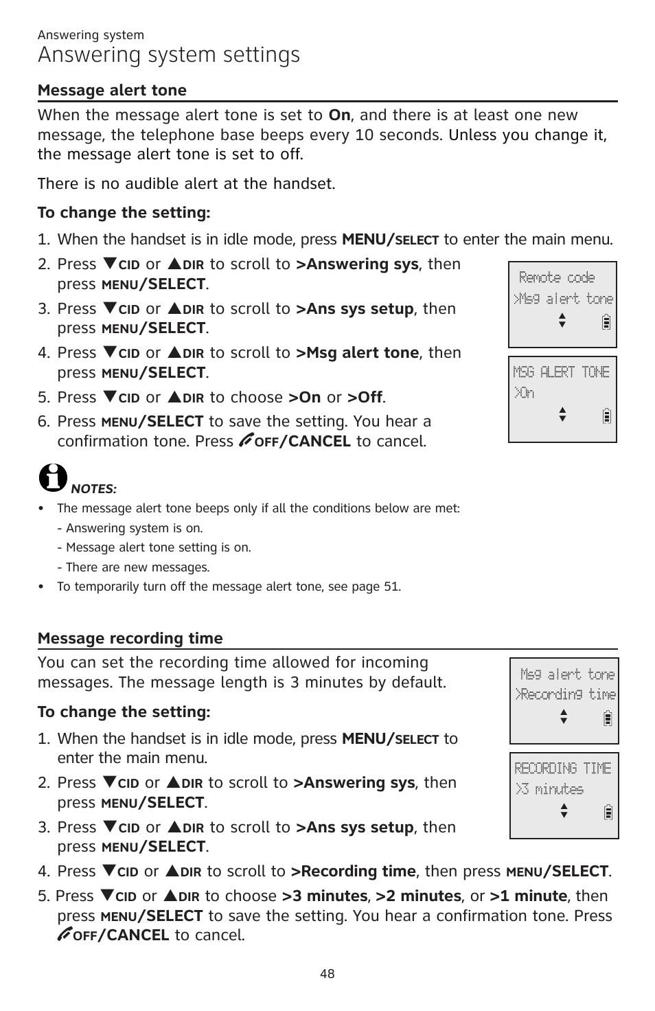 Message alert tone, Message recording time, Message alert tone message recording time | Answering system settings, Or p, Select . 3. press q, Select . 4. press q, Select . 5. press q, Cancel to cancel | AT&T CL82401 User Manual | Page 54 / 89