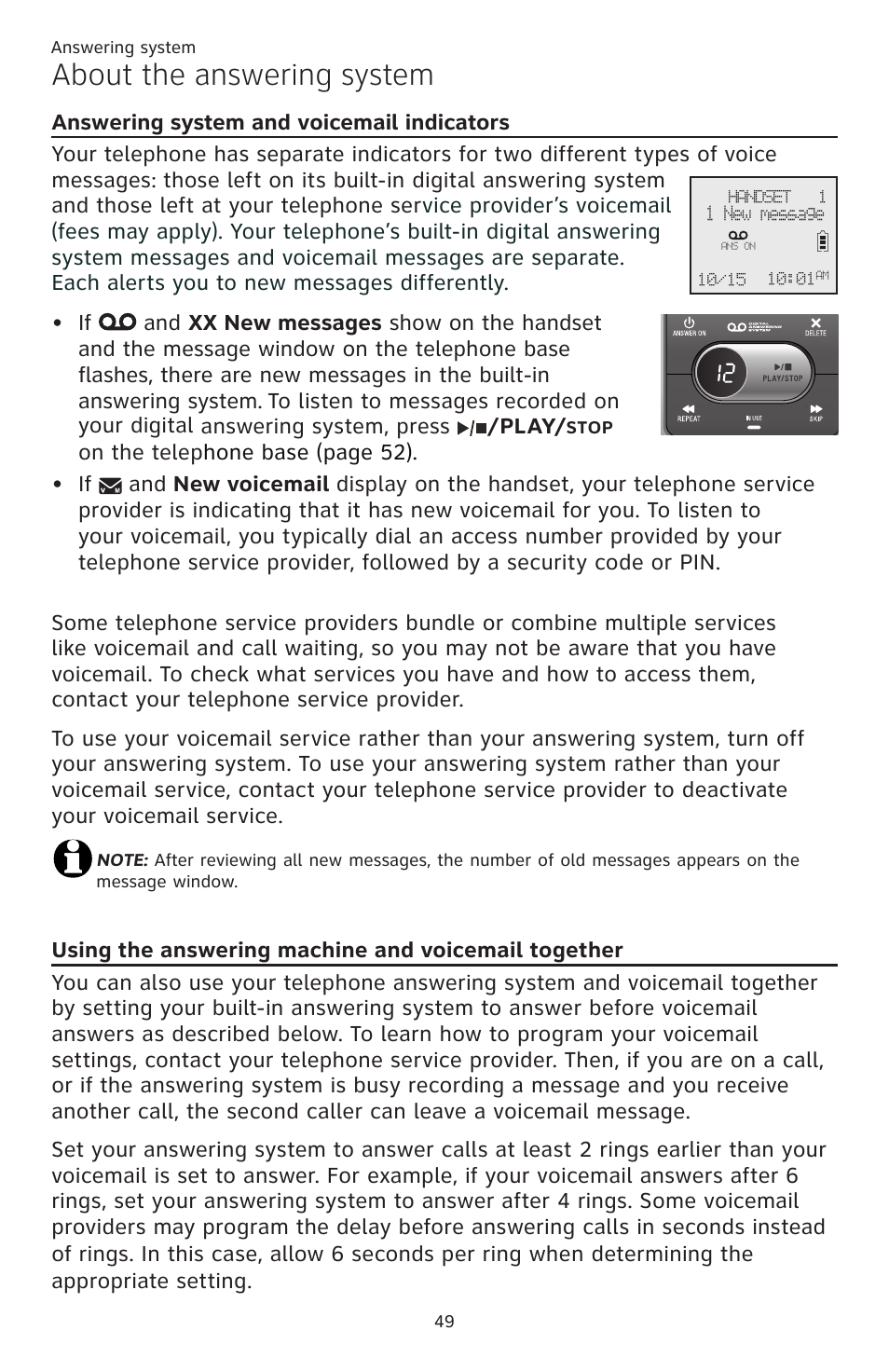 About the answering system, Answering system and voicemail indicators, Using the answering machine and voicemail together | Answering system and, Voicemail indicators, Using the answering machine, And voicemail together | AT&T CL82401 User Manual | Page 55 / 89