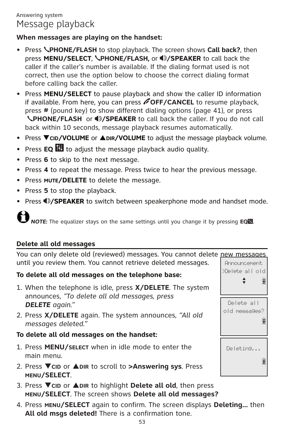 Delete all old messages, Message playback | AT&T CL82401 User Manual | Page 59 / 89