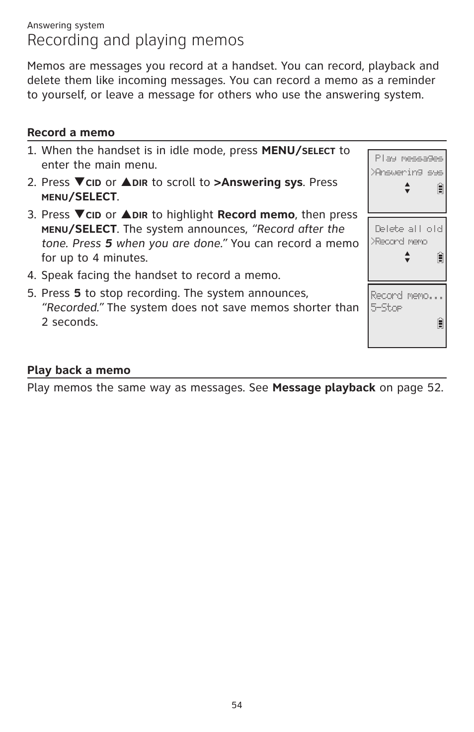 Recording and playing memos, Record a memo, Play back a memo | Record a memo play back a memo, Or p, Select . 3. press q | AT&T CL82401 User Manual | Page 60 / 89