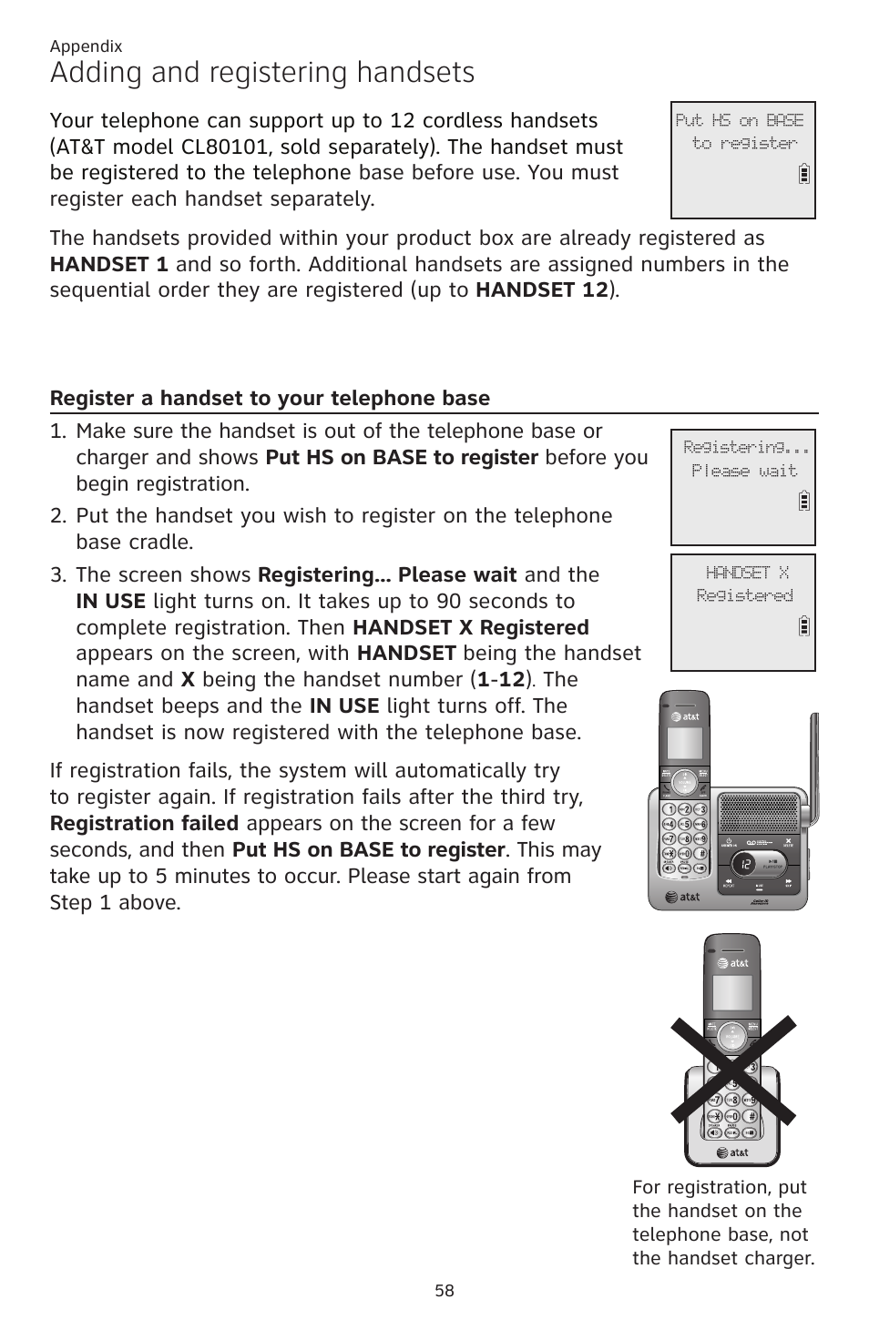 Appendix, Adding and registering handsets, Register a handset to your telephone base | Register a handset to your, Telephone base | AT&T CL82401 User Manual | Page 64 / 89